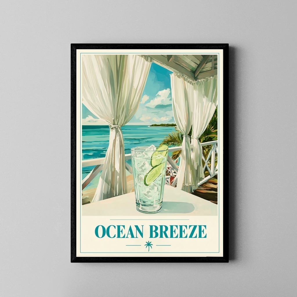OCEAN BREEZE – Gin Tonic auf Karibik-Veranda mit Meeresblick – Retro Poster im schwarzen Rahmen