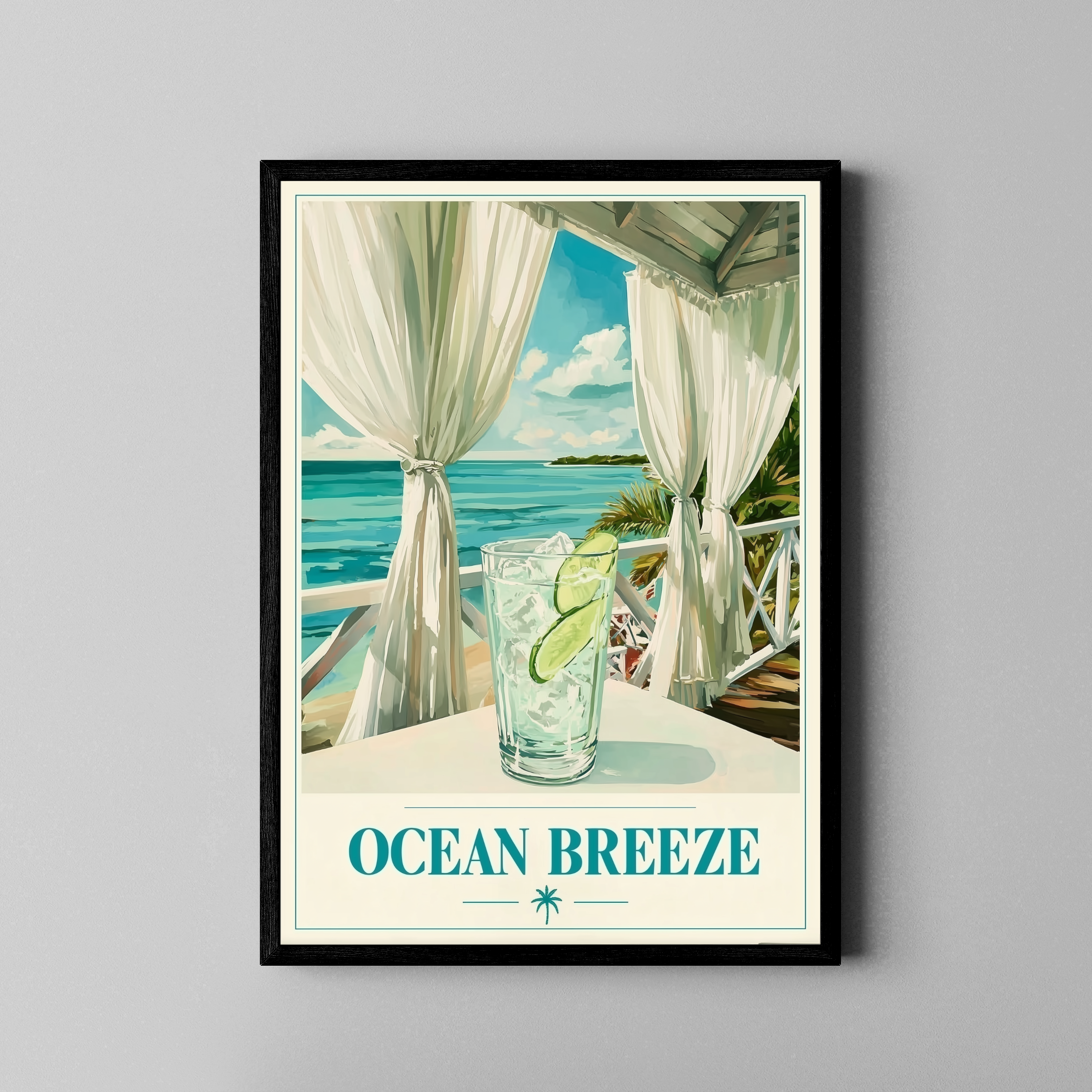 OCEAN BREEZE – Gin Tonic auf Karibik-Veranda mit Meeresblick – Retro Poster im schwarzen Rahmen