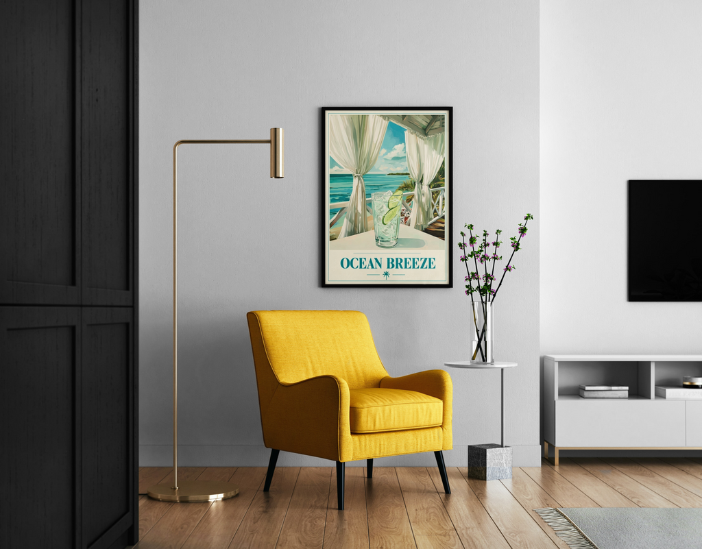OCEAN BREEZE – Gin Tonic auf Karibik-Veranda mit Meeresblick – sommerlicher Poster im modernen Wohnzimmer