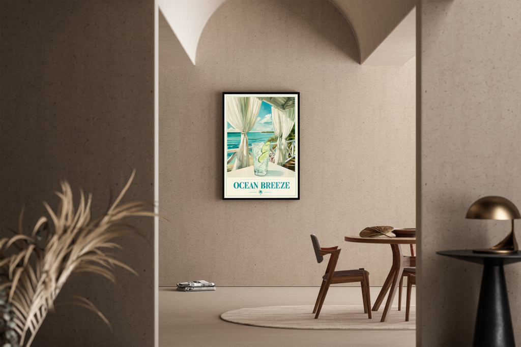 OCEAN BREEZE – Gin Tonic auf Karibik-Veranda mit Meeresblick – Kunstdruck im mediterranen Esszimmer