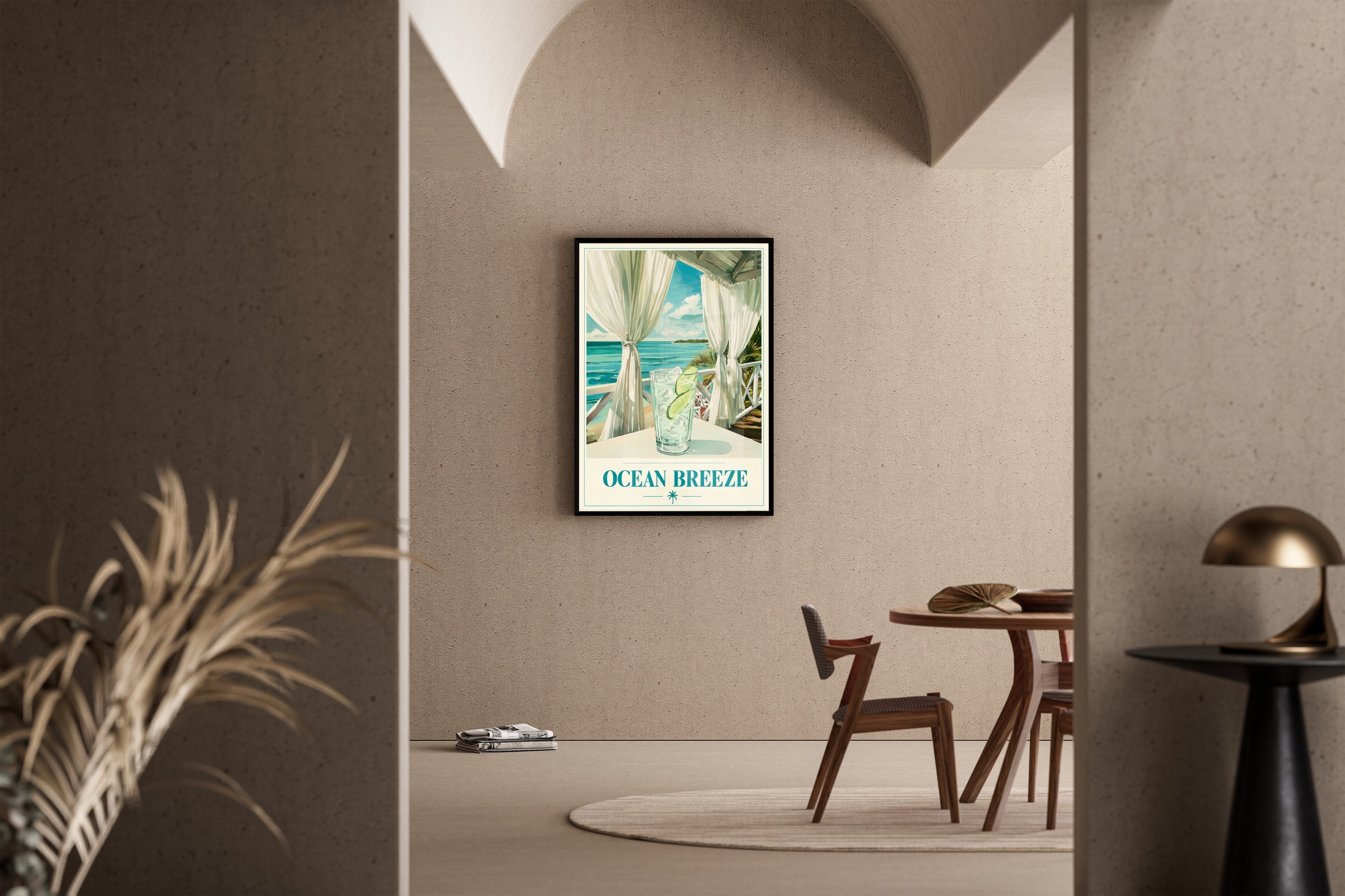 OCEAN BREEZE – Gin Tonic auf Karibik-Veranda mit Meeresblick – Kunstdruck im mediterranen Esszimmer