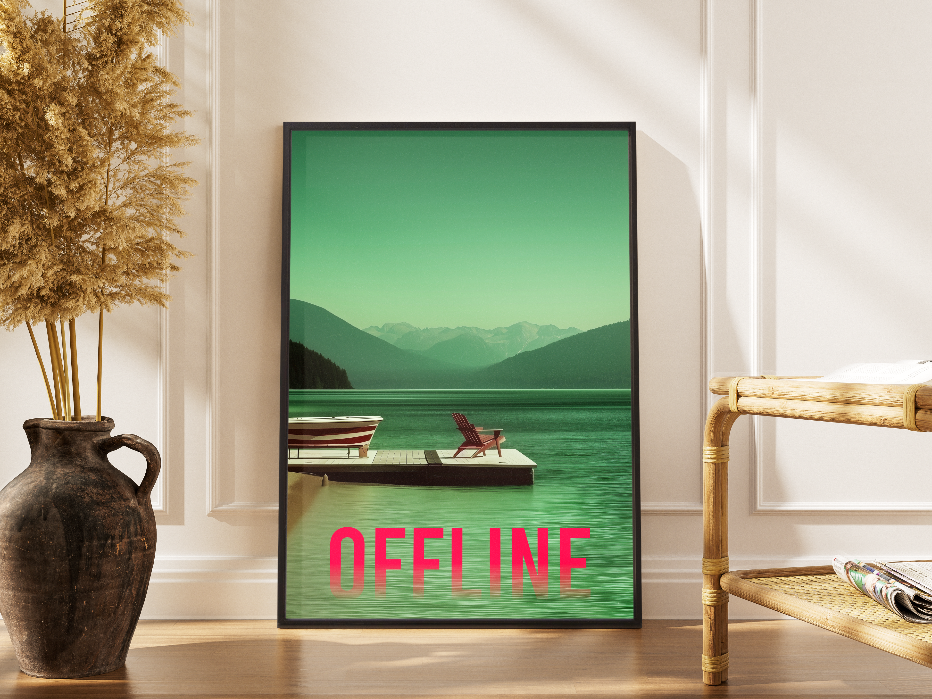 OFFLINE Schriftzug an Bergsee mit Steg und Stuhl – gerahmter Kunstdruck kaufen