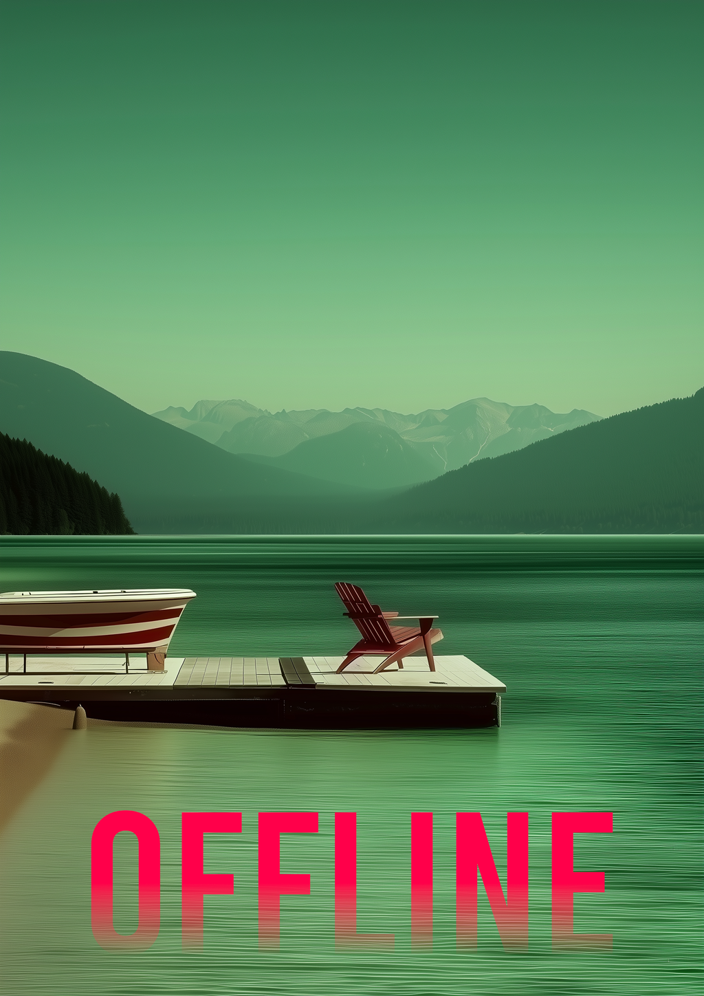 OFFLINE Schriftzug an Bergsee mit Steg und Stuhl – Retro Travel Kunstdruck