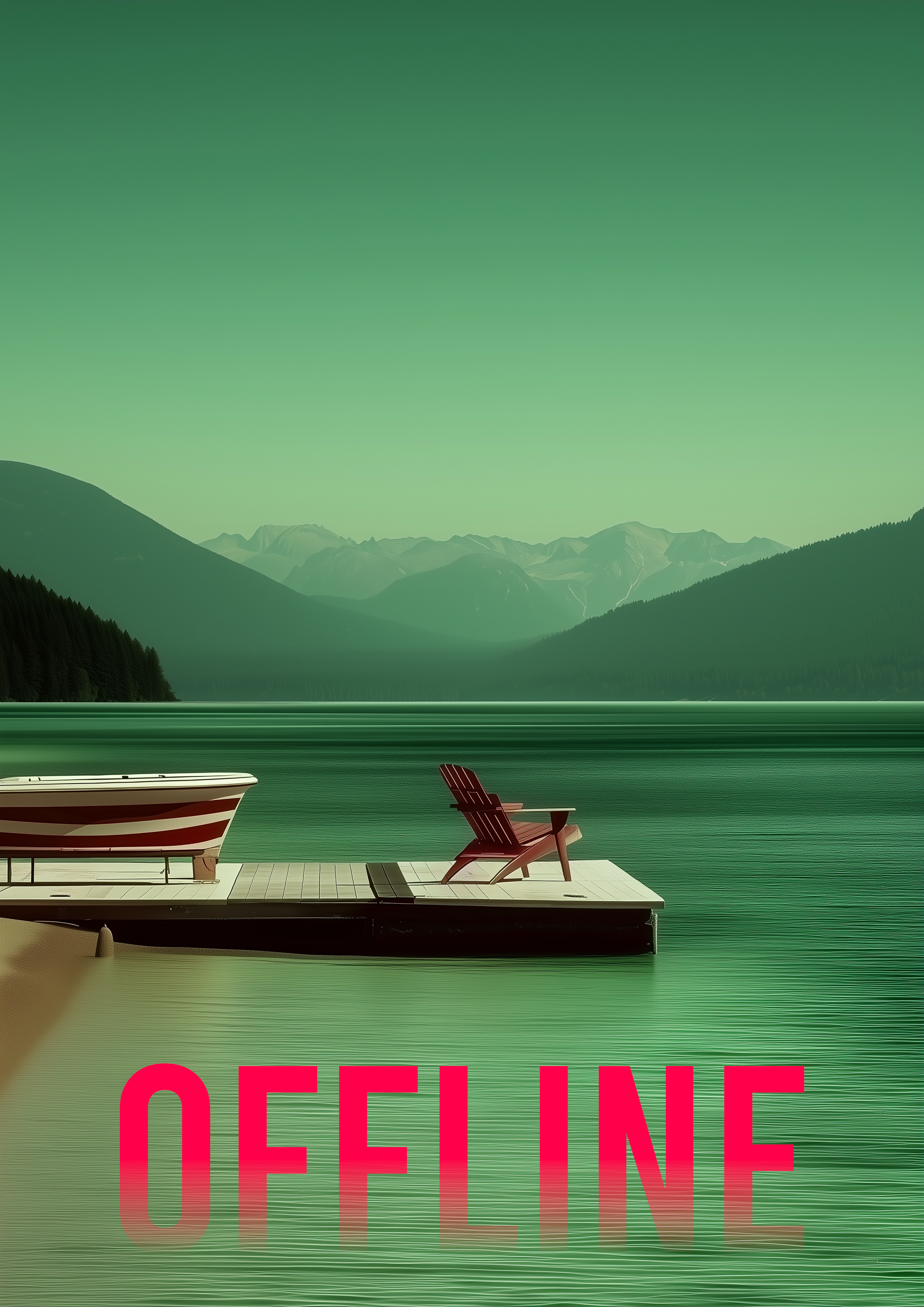 OFFLINE Schriftzug an Bergsee mit Steg und Stuhl – Retro Travel Kunstdruck