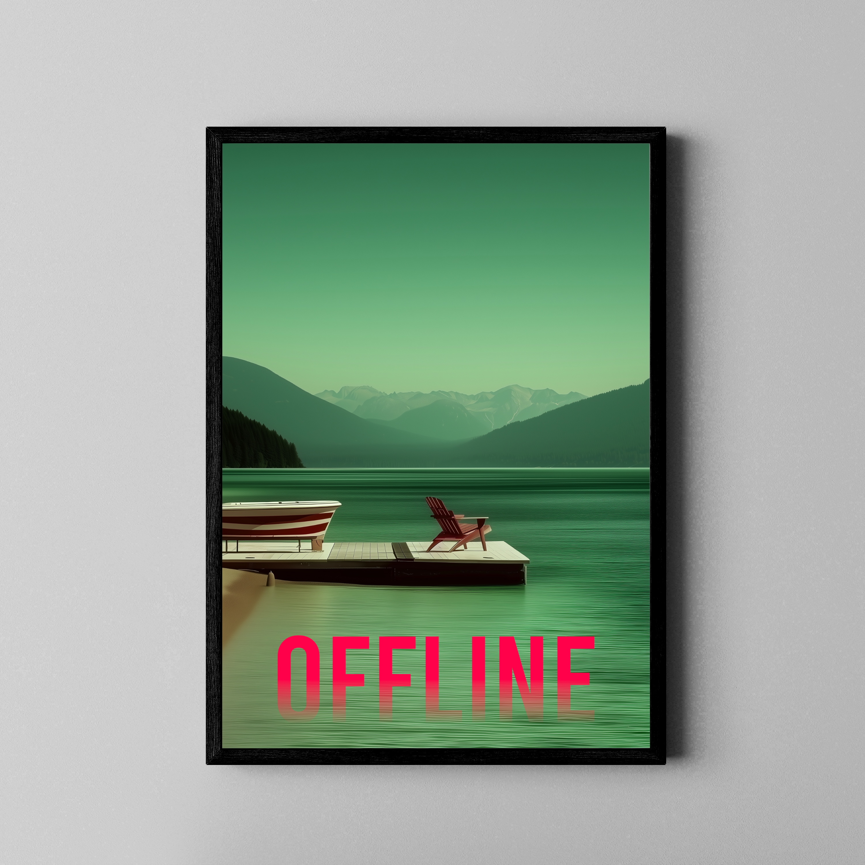 OFFLINE Schriftzug an Bergsee mit Steg und Stuhl – Retro Poster im schwarzen Rahmen