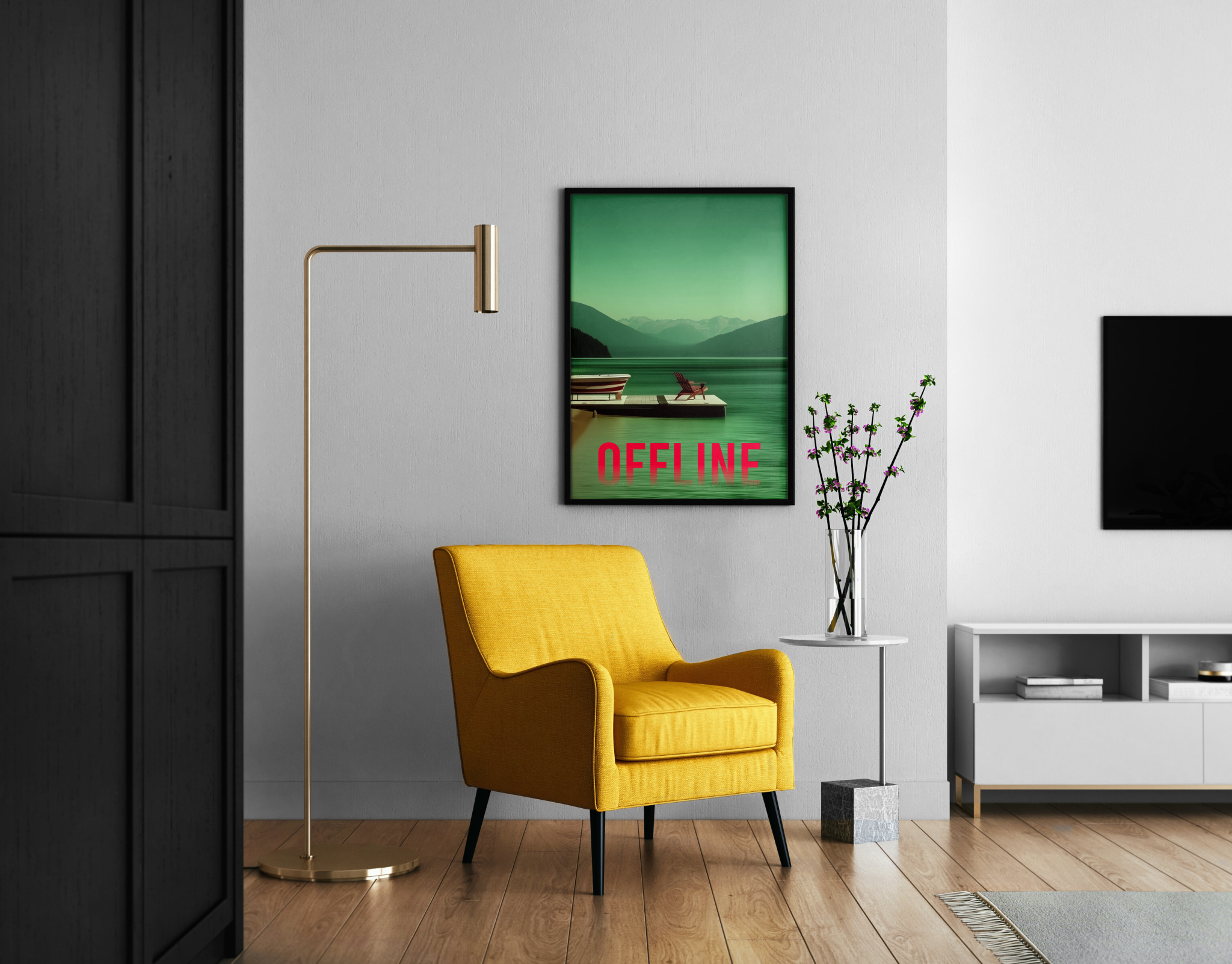 OFFLINE Schriftzug an Bergsee mit Steg und Stuhl – Retro Poster im modernen Wohnzimmer