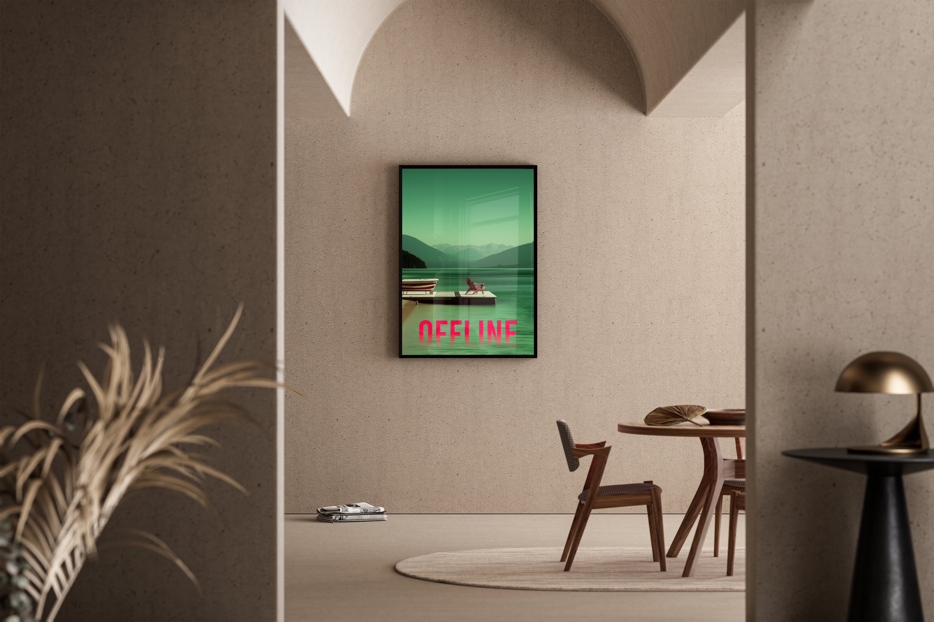 OFFLINE Schriftzug an Bergsee mit Steg und Stuhl – Kunstdruck im mediterranen Esszimmer