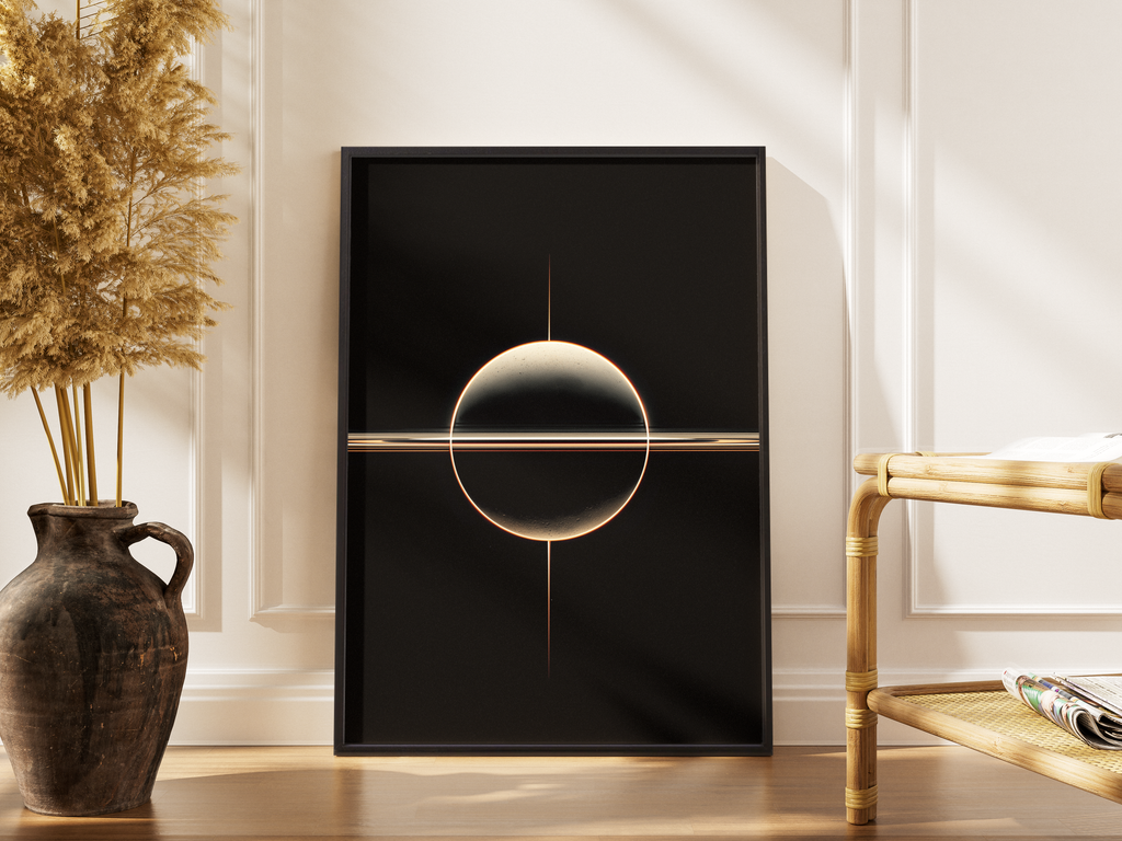 COSMIC ORBIT – minimalistische Sphäre mit goldenen Linien – gerahmtes Poster kaufen