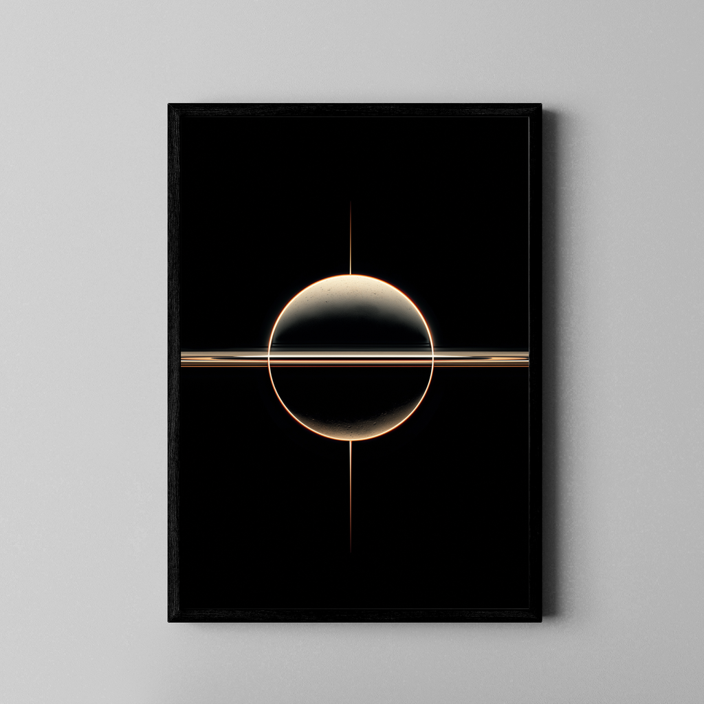 COSMIC ORBIT – minimalistische Sphäre mit goldenen Linien – Poster im schwarzen Rahmen