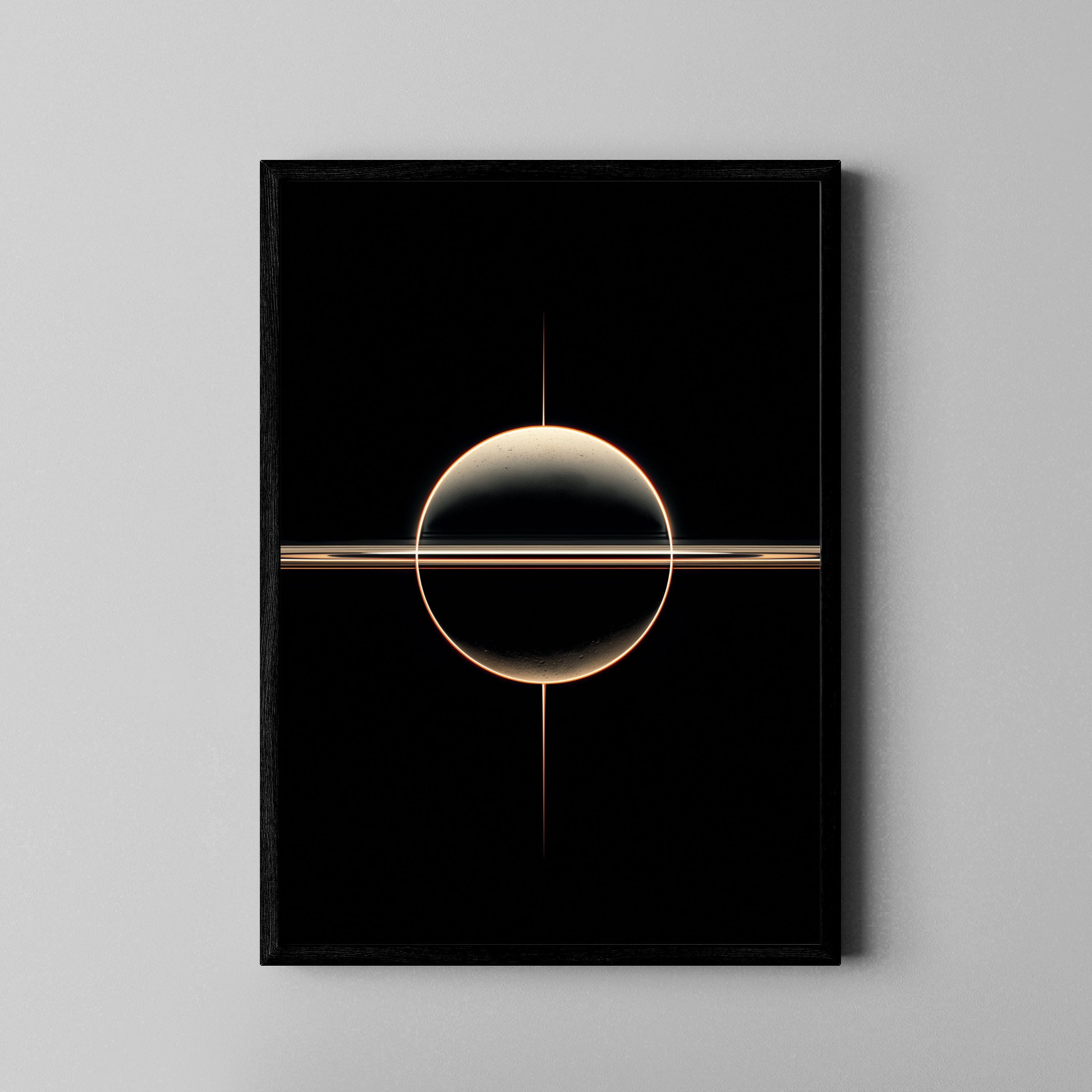 COSMIC ORBIT – minimalistische Sphäre mit goldenen Linien – Poster im schwarzen Rahmen