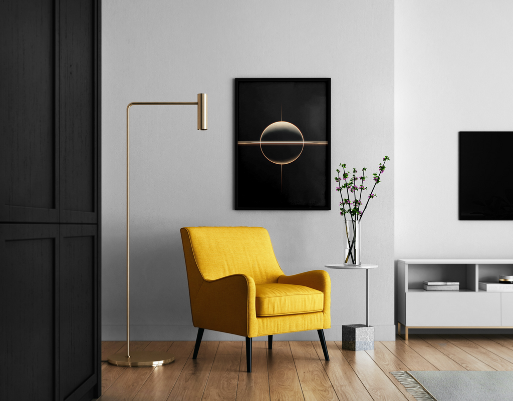 COSMIC ORBIT – minimalistische Sphäre mit goldenen Linien – Wandbild im modernen Wohnzimmer