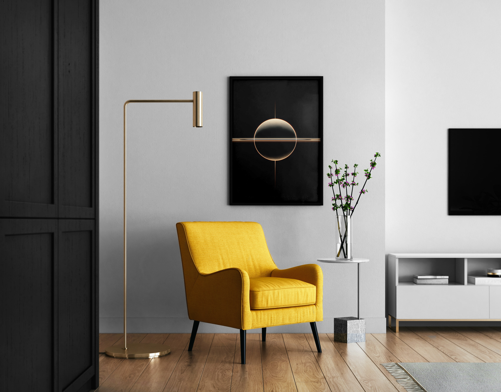 COSMIC ORBIT – minimalistische Sphäre mit goldenen Linien – Wandbild im modernen Wohnzimmer