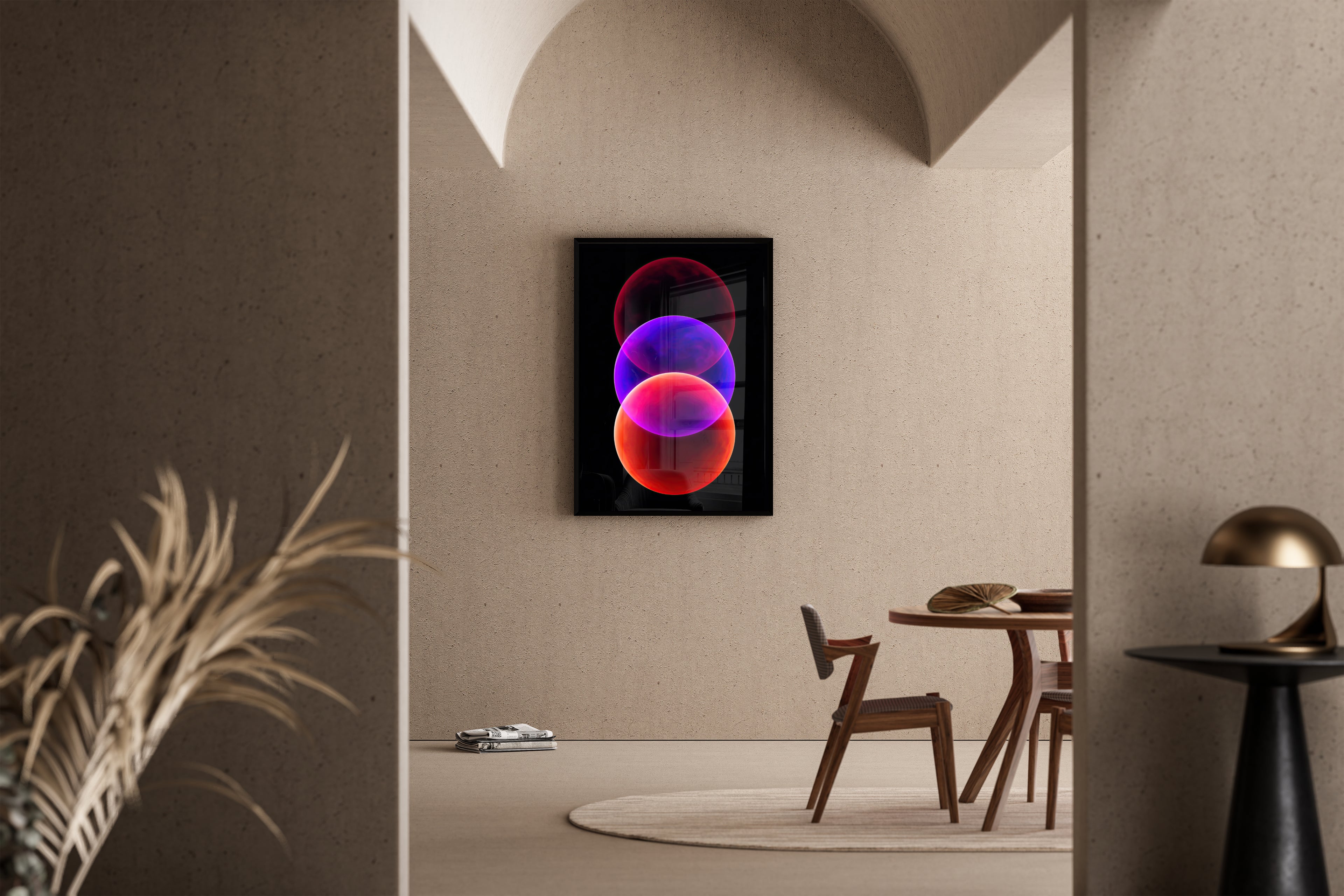 Overlap – drei Planeten überlagert violett rot orange Neon | Sci-Fi-Illustration-Stil – Poster im Esszimmer