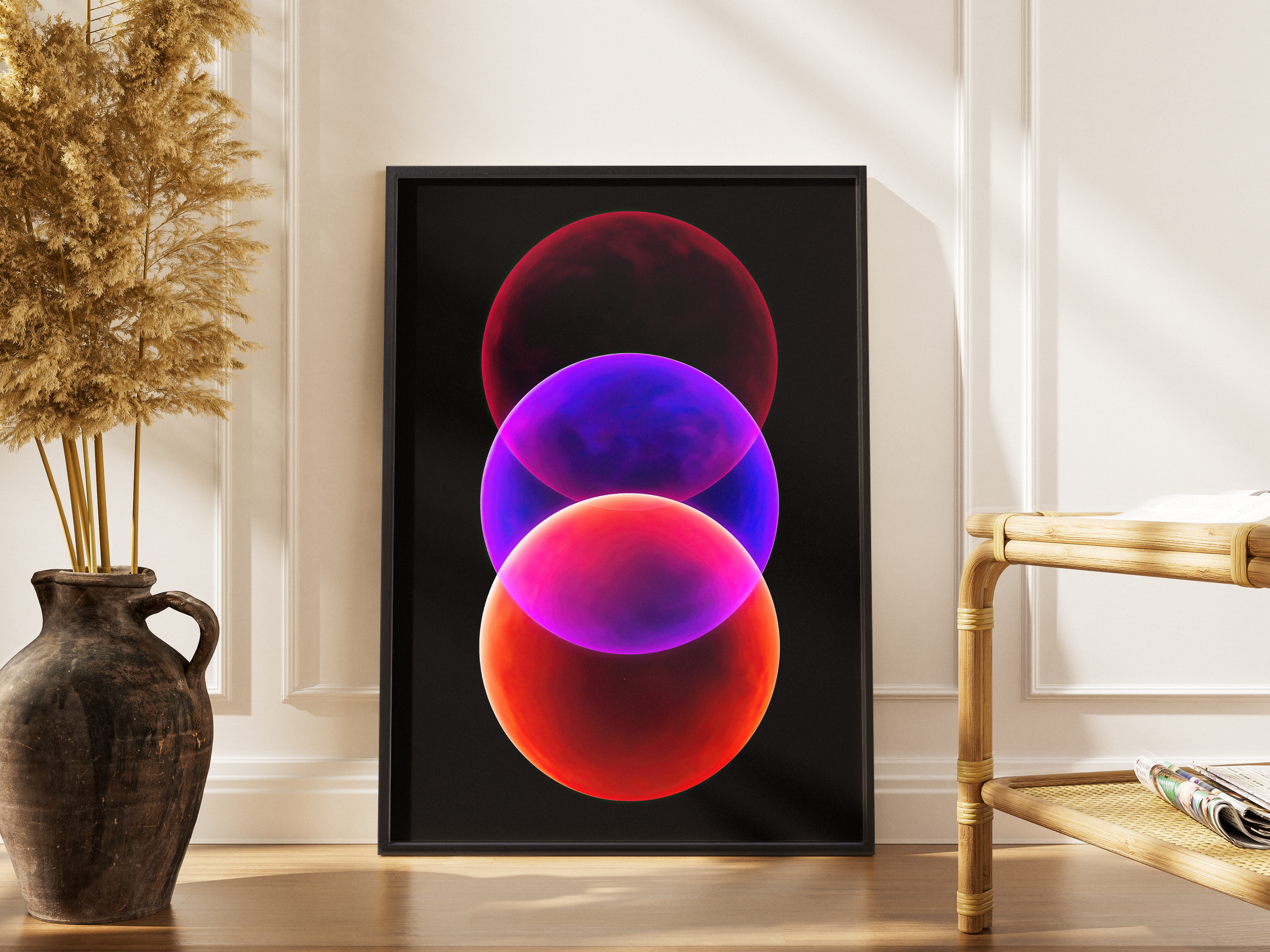 Overlap – Neon-Sphären abstrakt Wanddekoration Retrowave | 3D-Neon-Kunstdruck – gerahmtes Poster kaufen