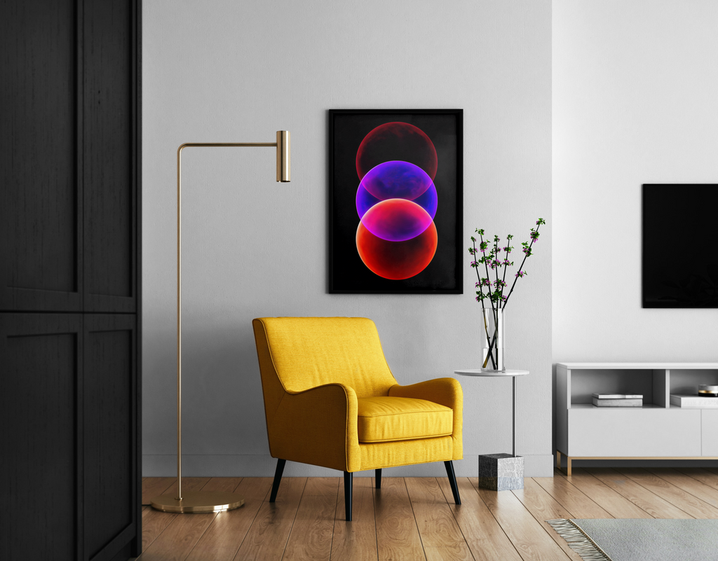 Overlap – minimalistisches Neon-Kugelkomposition dunkle Wanddeko | Synthwave-Digitalkunst-Optik – Wandbild im modernen Wohnzimmer
