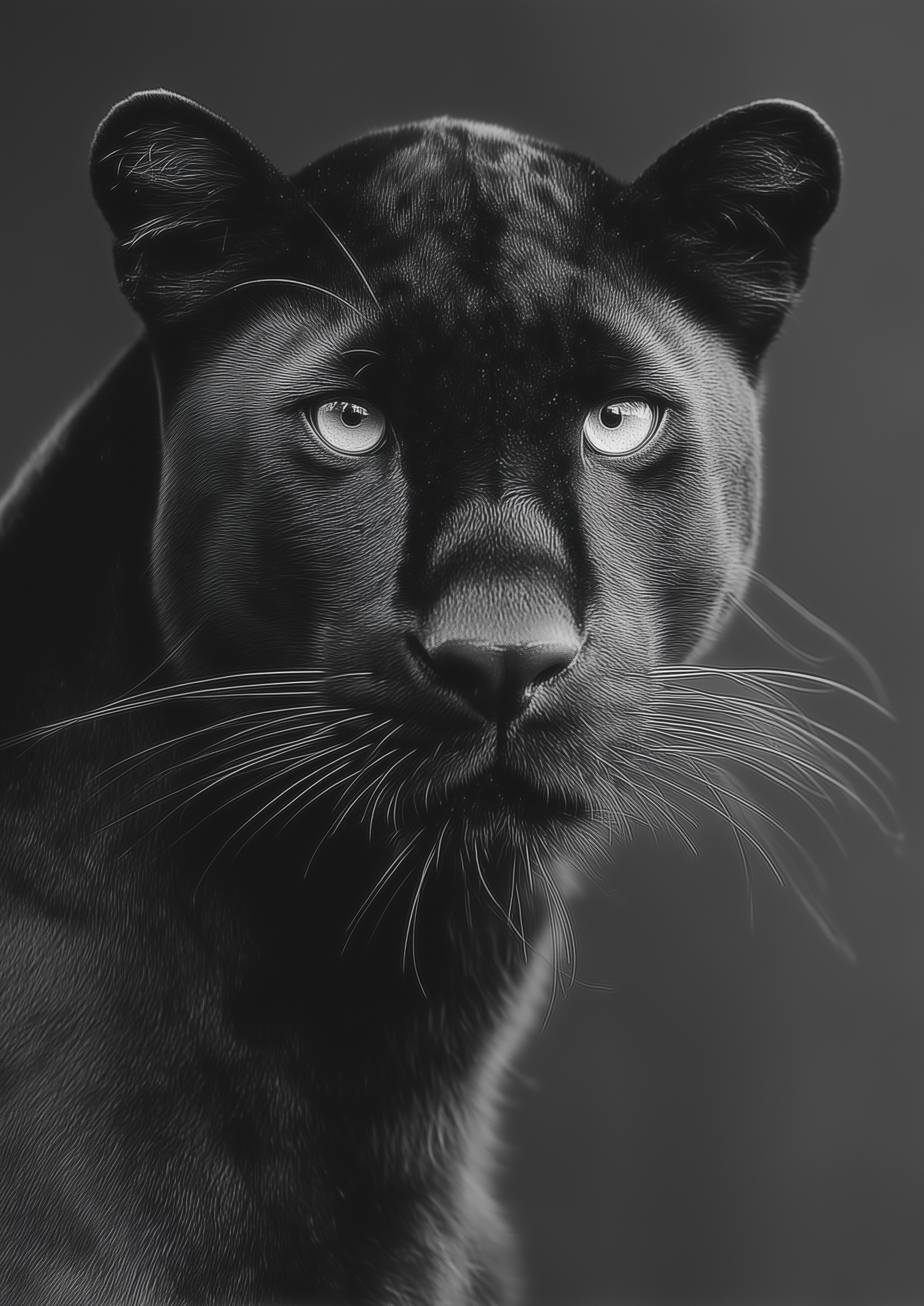 S/W Tierportrait Kunstdruck – schwarzer Panther mit intensivem Blick vor dunklem Hintergrund