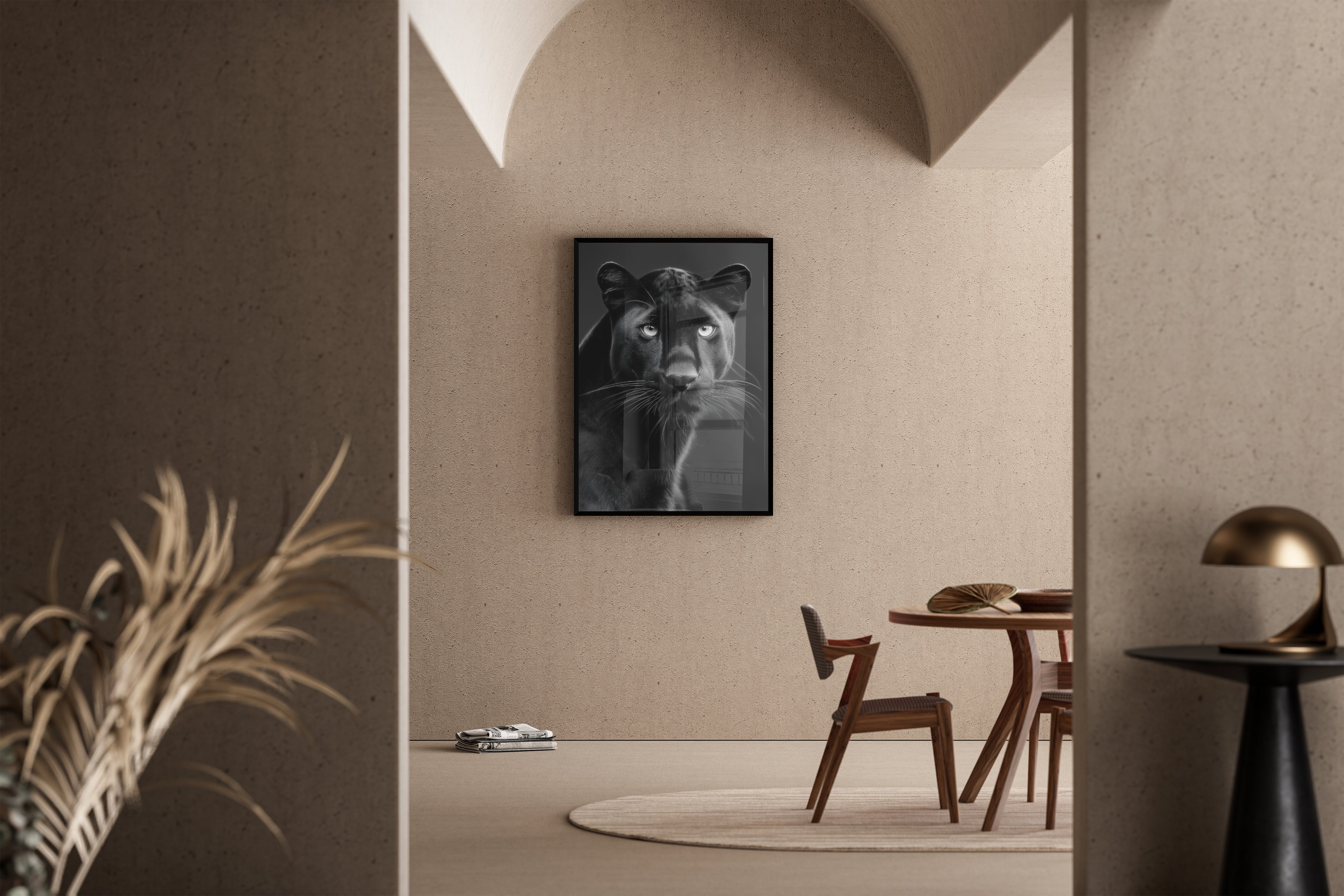 S/W Tierportrait Kunstdruck – schwarzer Panther mit intensivem Blick vor dunklem Hintergrund – Poster im Esszimmer