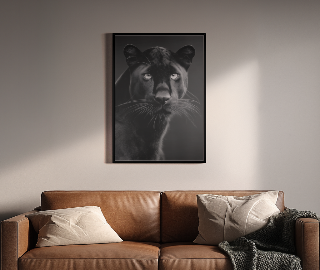 S/W Tierportrait Kunstdruck – schwarzer Panther mit intensivem Blick vor dunklem Hintergrund – Wandbild über braunem Ledersofa