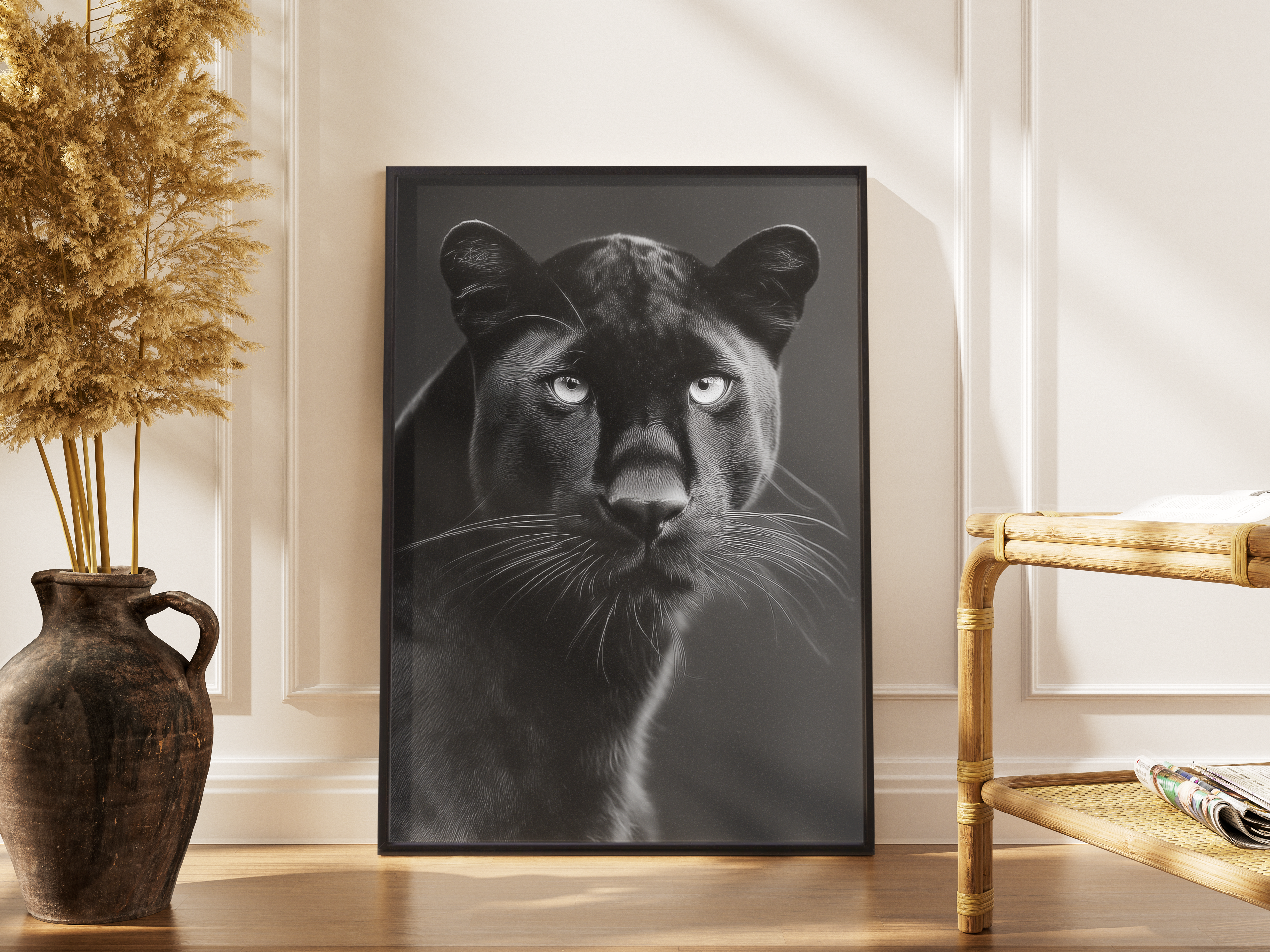 S/W Tierportrait Kunstdruck – schwarzer Panther mit intensivem Blick vor dunklem Hintergrund – gerahmtes Poster kaufen