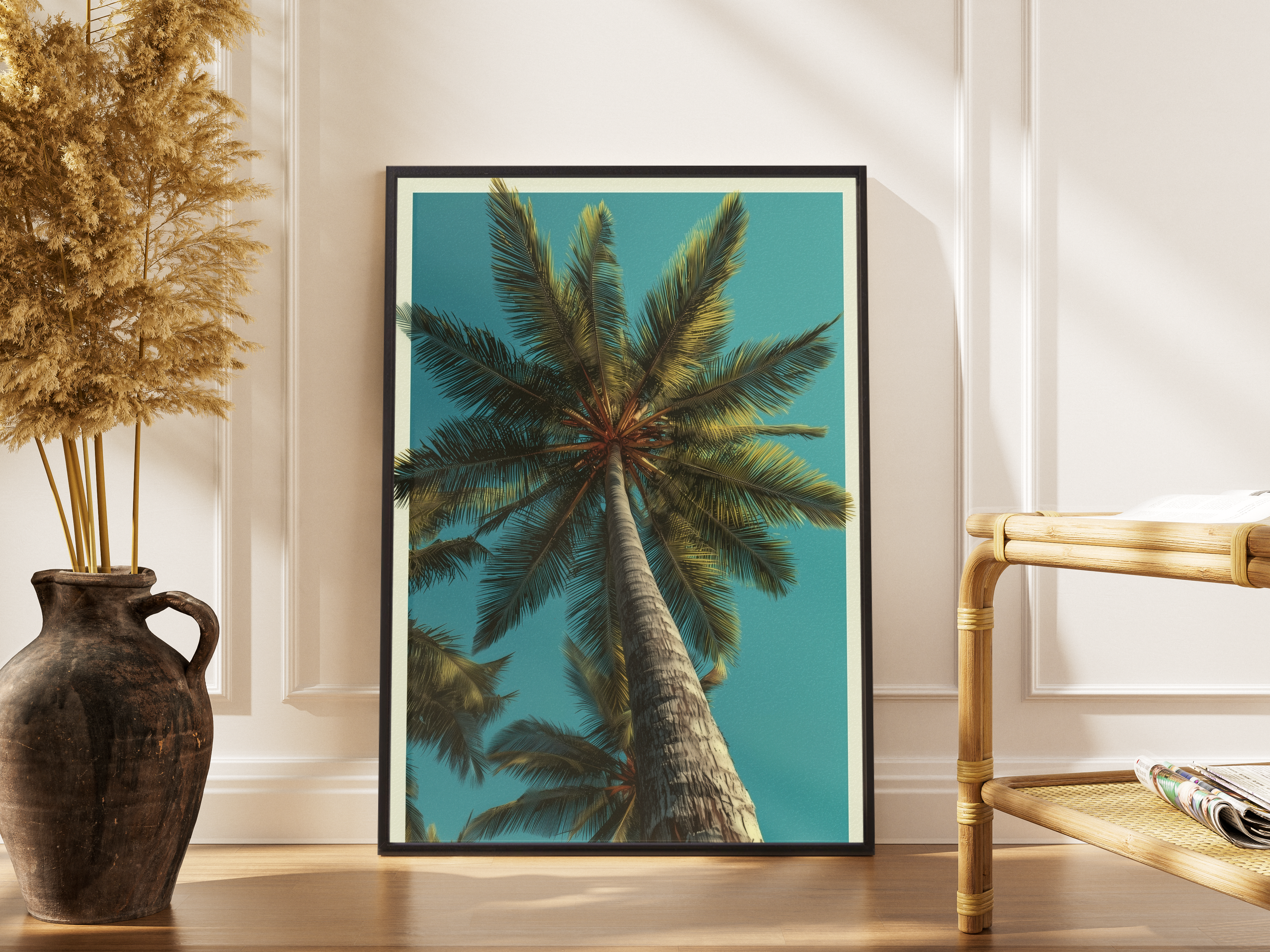Palme vor türkisem Himmel – gerahmter Kunstdruck kaufen