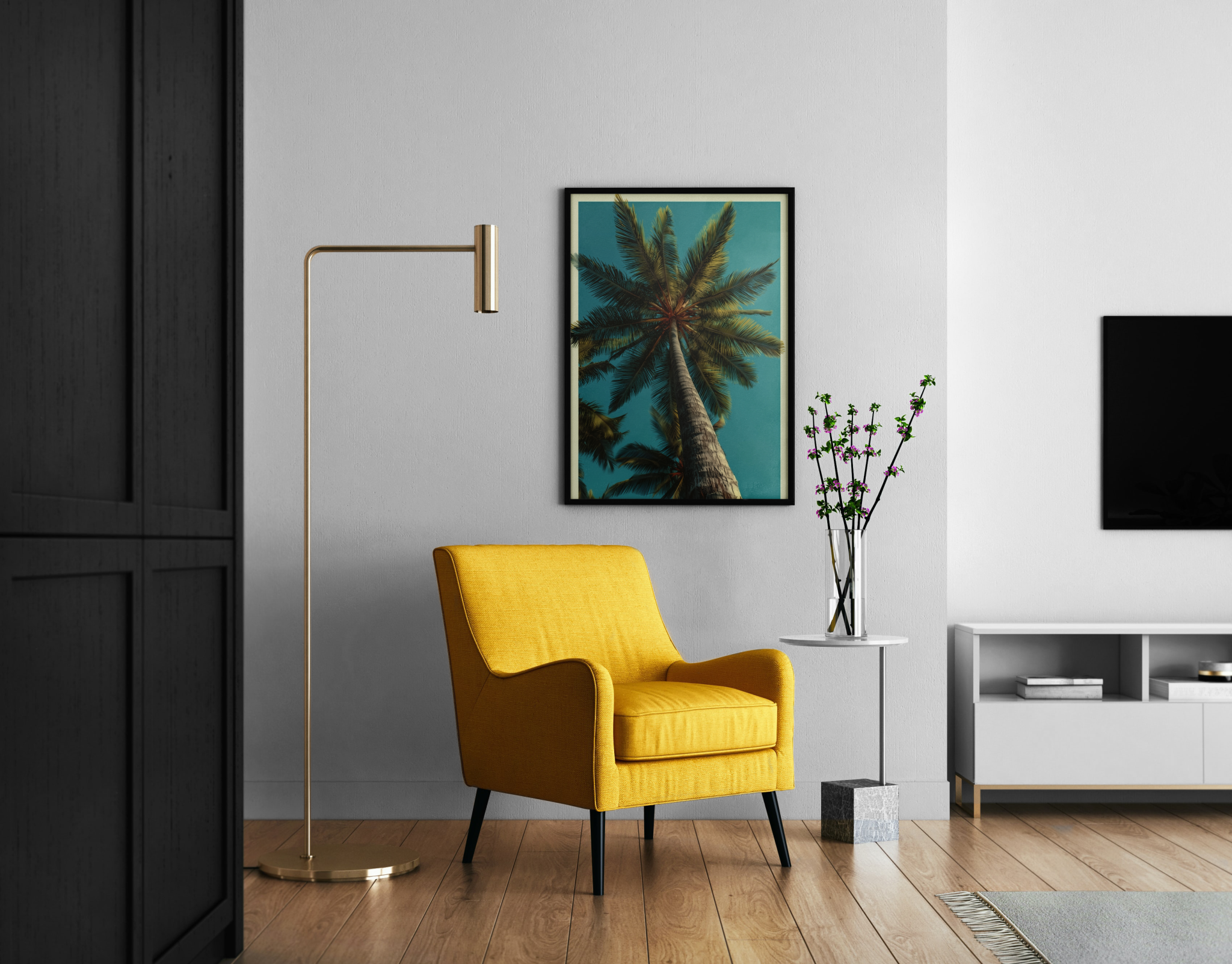 Palme vor türkisem Himmel – tropisches Poster im modernen Wohnzimmer