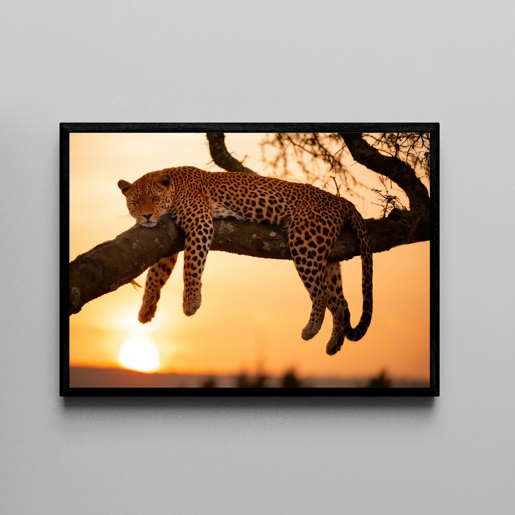 Paws and Reflect – schlafender Leopard Savanne goldenes Licht | Naturfotografie Fine Art Poster – Poster im schwarzen Rahmen
