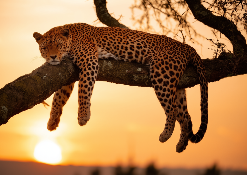 Paws and Reflect – Leopard schläft auf Ast bei Sonnenuntergang | Wildlife-Fotografie-Optik – eleganter Kunstdruck