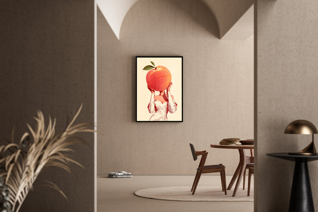 Peach Please – surreales Pfirsich-Porträt cremefarbener Hintergrund | Vintage-Grafik-Illustration – Poster im Esszimmer