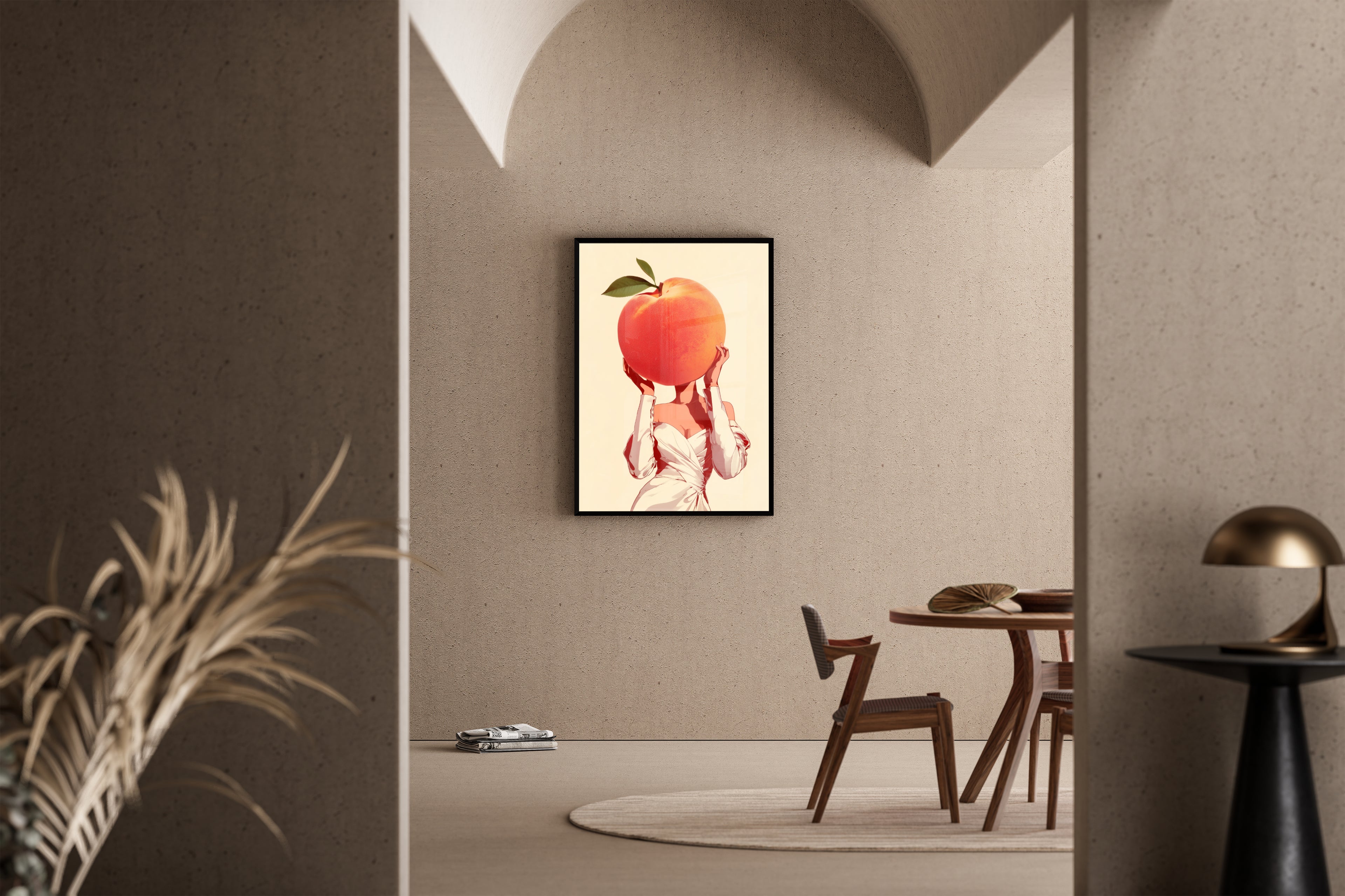 Peach Please – surreales Pfirsich-Porträt cremefarbener Hintergrund | Vintage-Grafik-Illustration – Poster im Esszimmer