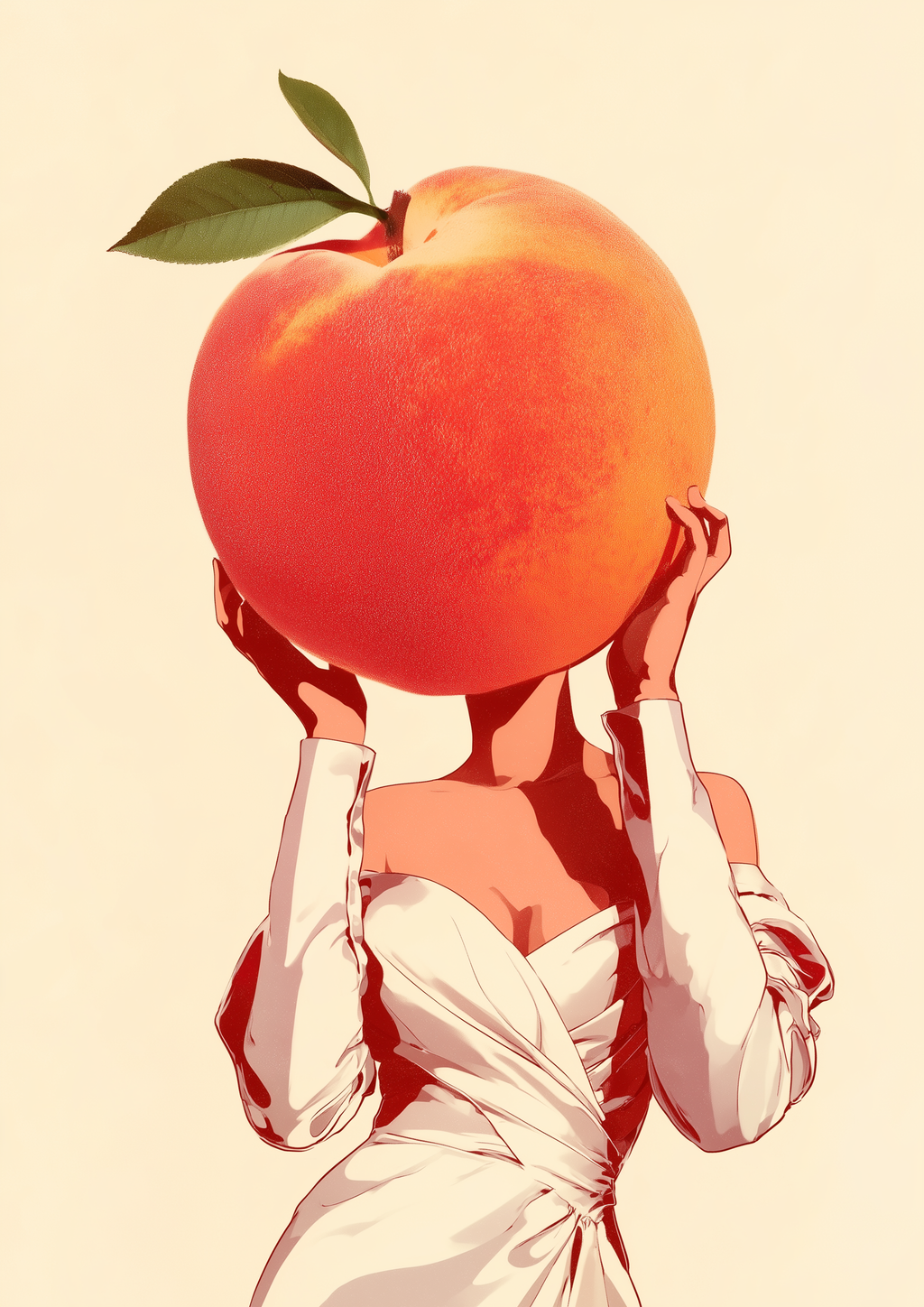 Peach Please – Frau hält überdimensionalen Pfirsich vor Gesicht | Surreale Illustration-Optik – eleganter Kunstdruck