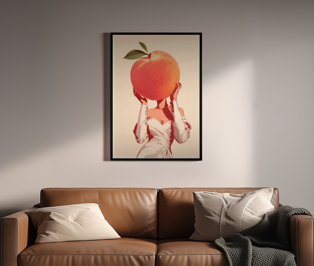 Peach Please – elegante Frauenfigur riesige Pfirsichfrucht | Pop-Art-Stil Kunstdruck – Wandbild über braunem Ledersofa