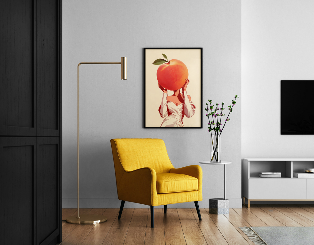 Peach Please – witzige Pfirsich-Frau surreale Wanddekoration | Retro-Fashion-Illustration-Stil – Wandbild im modernen Wohnzimmer