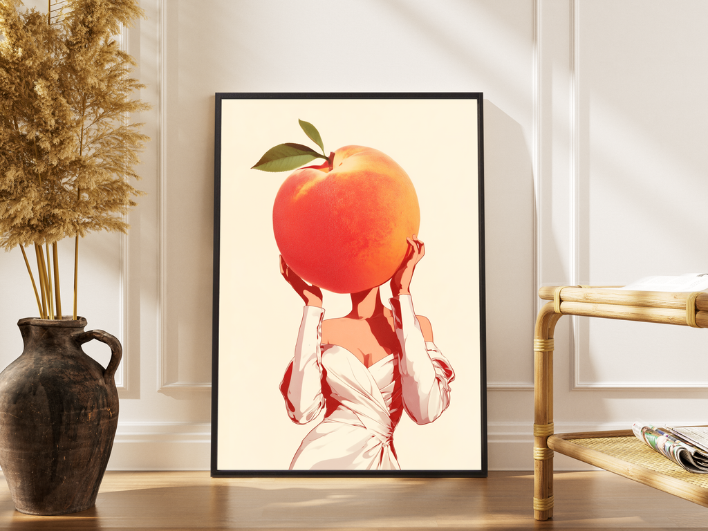 Peach Please – surreales Frucht-Motiv Wanddekoration Retro | Vintage-Surrealismus-Kunstdruck – gerahmtes Poster kaufen