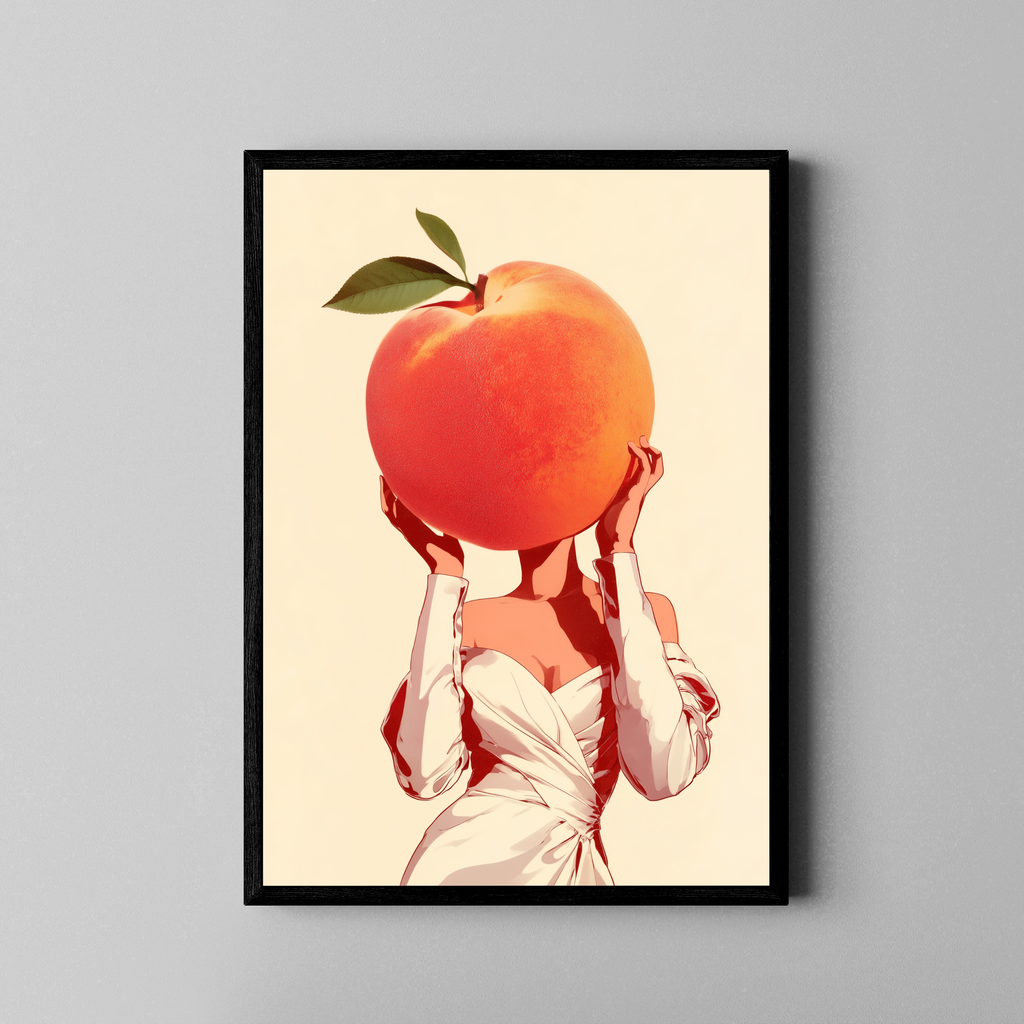 Peach Please – surrealistische Frau weißes Kleid Pfirsich | Retro-Illustration Fine Art Poster – Poster im schwarzen Rahmen