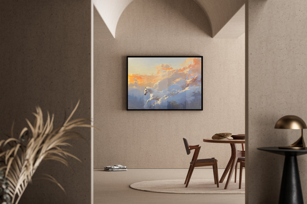 Pegasus – mythisches Pferd Wolkenmeer warmes Licht | Ölgemälde-Illustration – Poster im Wohnbereich