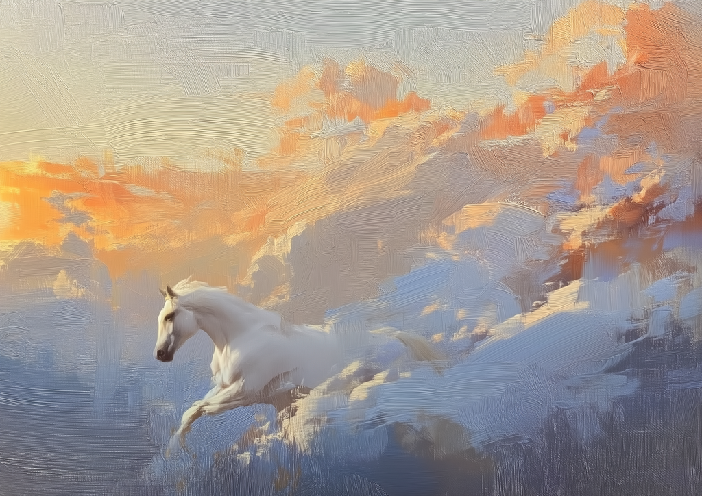 Pegasus – weißes Pferd galoppiert durch Abendwolken | Ölgemälde-Optik – eleganter Kunstdruck