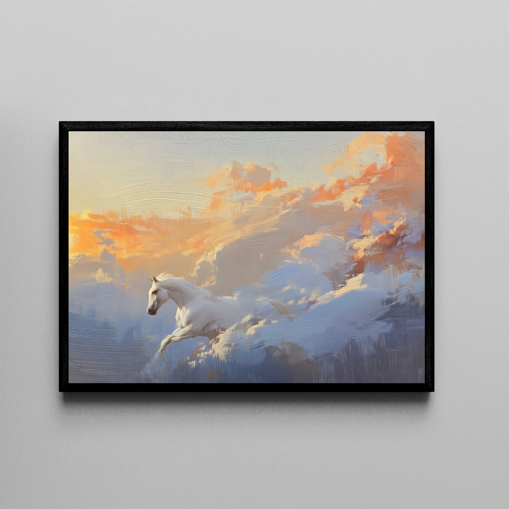 Pegasus – Pegasus springt durch goldene Wolken Sonnenuntergang | Ölgemälde Fine Art Poster – Poster im schwarzen Rahmen