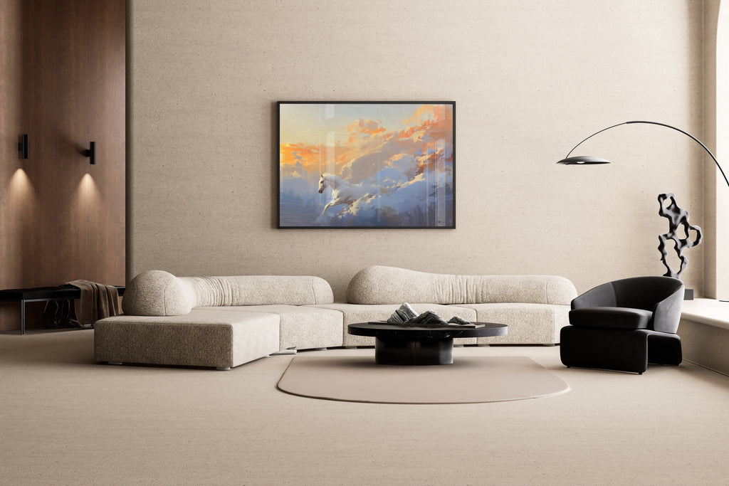 Pegasus – galoppierendes weißes Pferd Himmel Ölgemälde | Impressionistischer Malerei-Stil – Wandbild im modernen Wohnzimmer