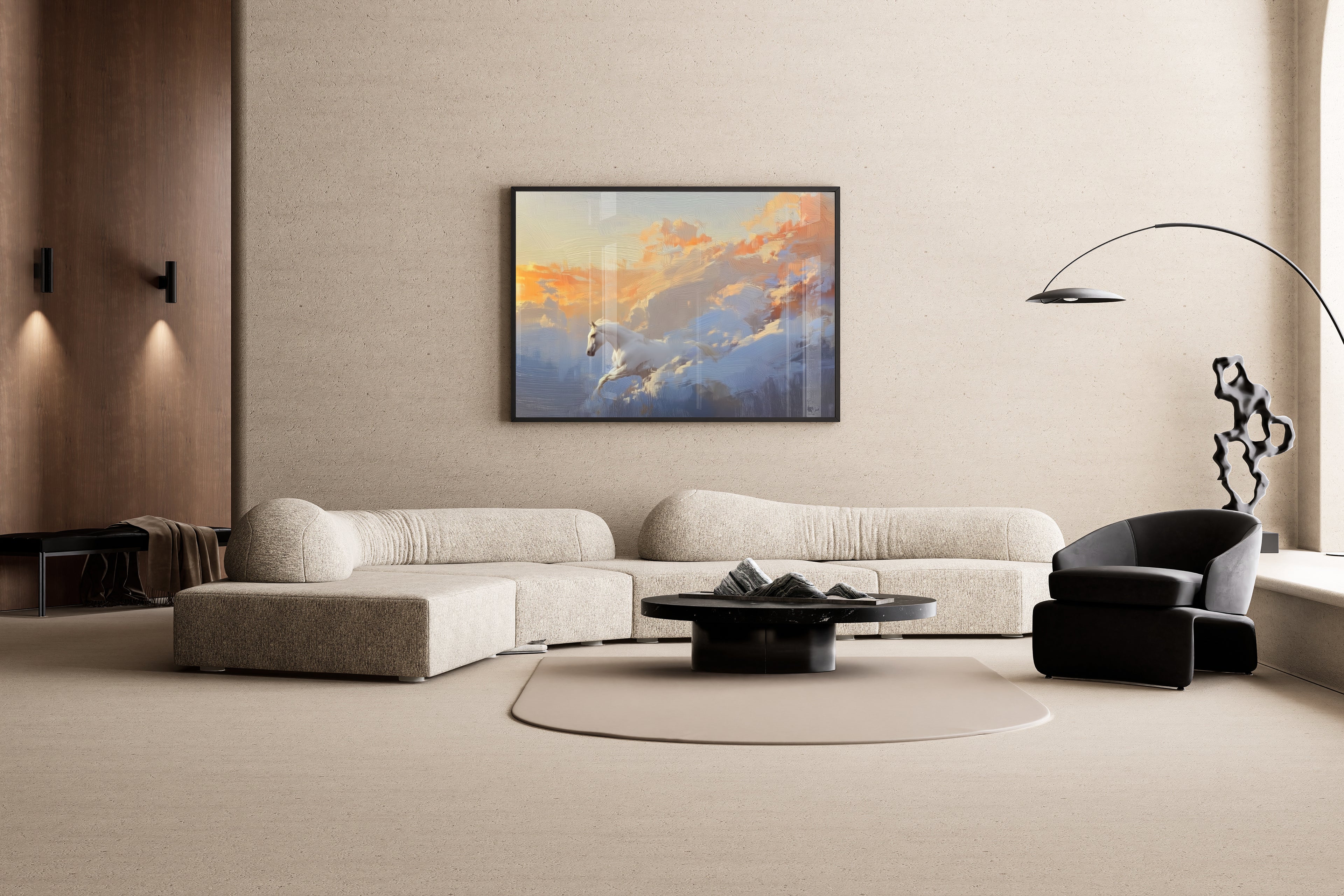 Pegasus – galoppierendes weißes Pferd Himmel Ölgemälde | Impressionistischer Malerei-Stil – Wandbild im modernen Wohnzimmer
