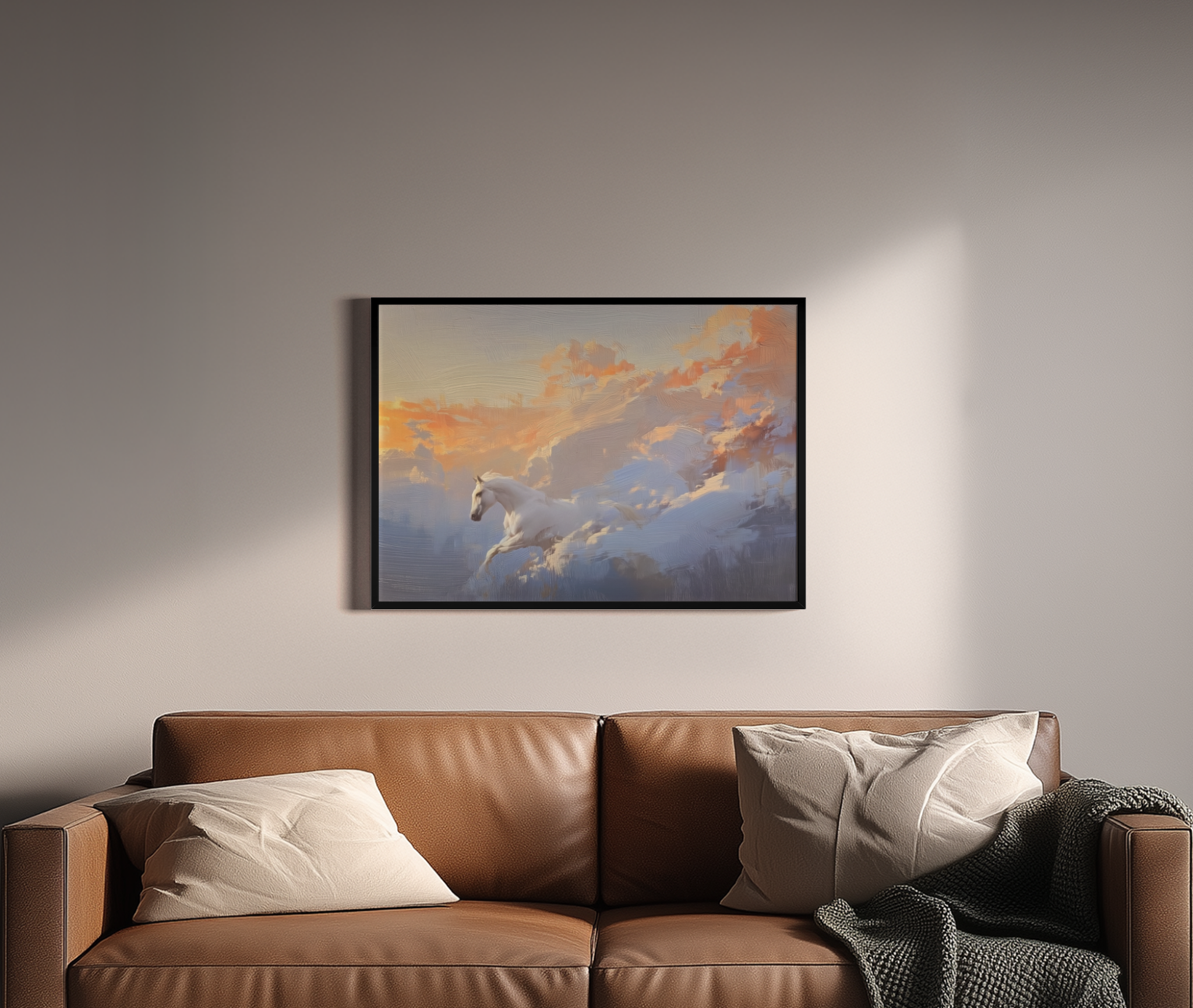 Pegasus – weißes Pferd zwischen pastellfarbenen Wolken | Impressionismus-Kunstdruck – Poster im Wohnbereich
