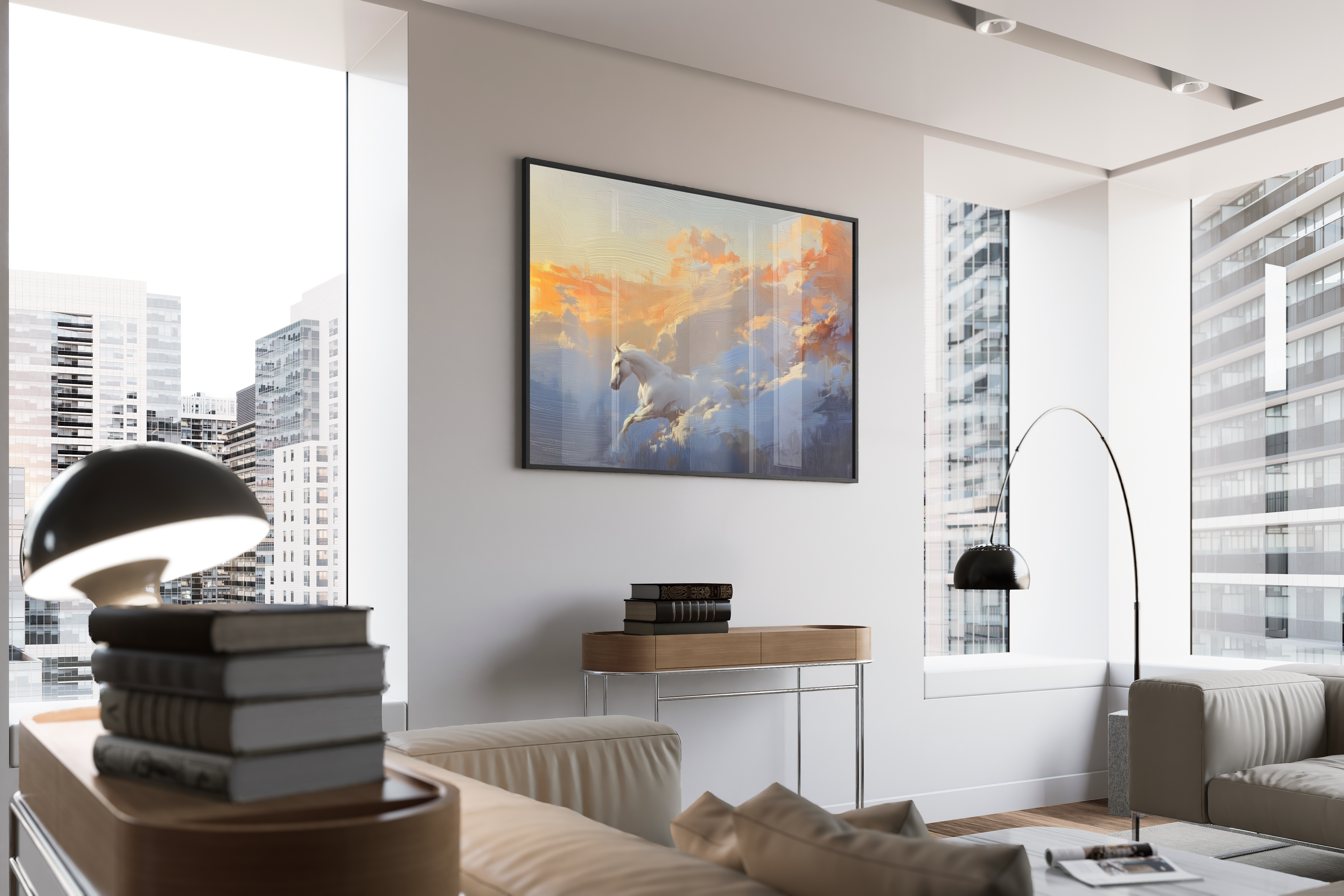 Pegasus – Pferd in Wolken Wanddekoration romantisch | Pastose Ölmalerei-Optik – gerahmtes Poster kaufen