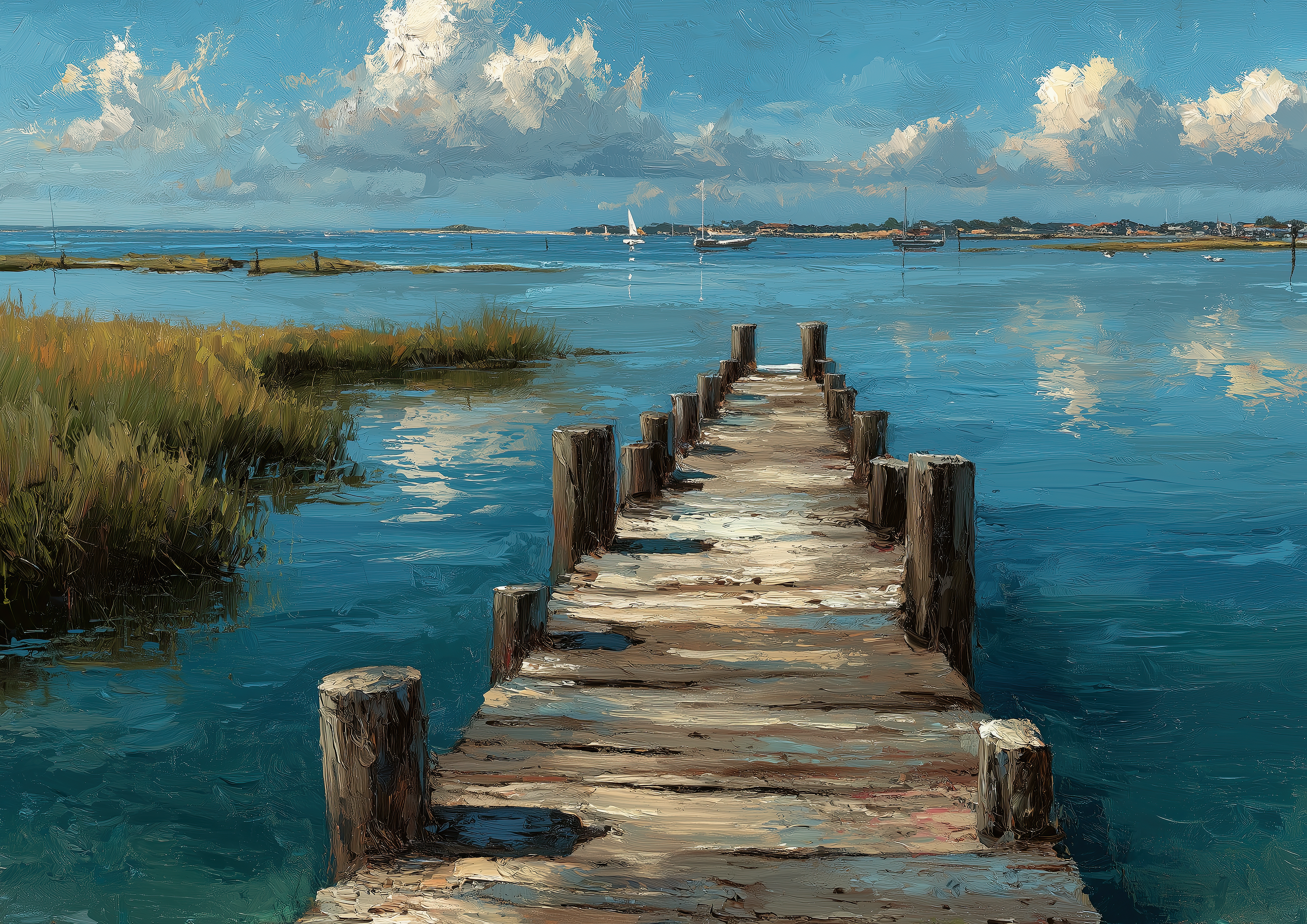 Pier-fect Day – Holzsteg Küste Segelboot blauer Himmel | Ölgemälde-Optik – eleganter Kunstdruck
