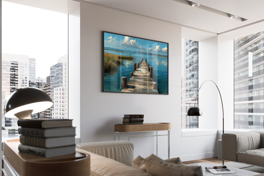 Pier-fect Day – Steg Segelboot Küste impressionistisch Fine Art | Ölgemälde-Druck – gerahmtes Poster kaufen