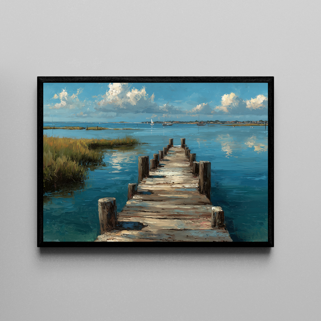 Pier-fect Day – Steg Meer Impressionismus Sommertag | Ölgemälde-Stil – Poster im schwarzen Rahmen