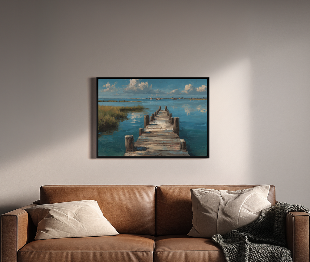 Pier-fect Day – Holzsteg Segelboote Wattwasser Ölgemälde | Impressionismus-Optik – Wandbild über braunem Ledersofa