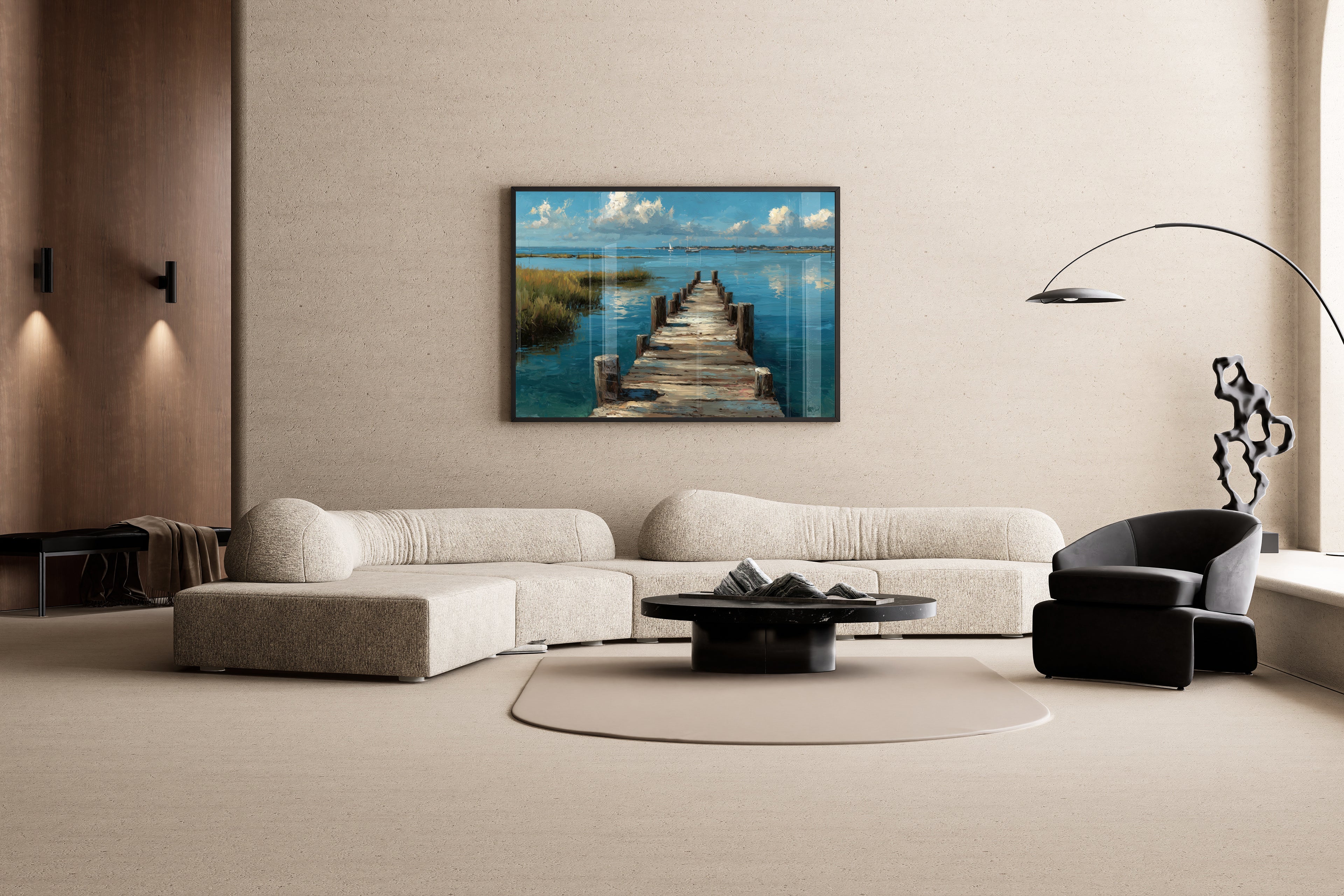 Pier-fect Day – Holzsteg Ostsee Wandbild Ölgemälde-Optik | Landschafts-Kunstdruck – Wandbild im modernen Wohnzimmer