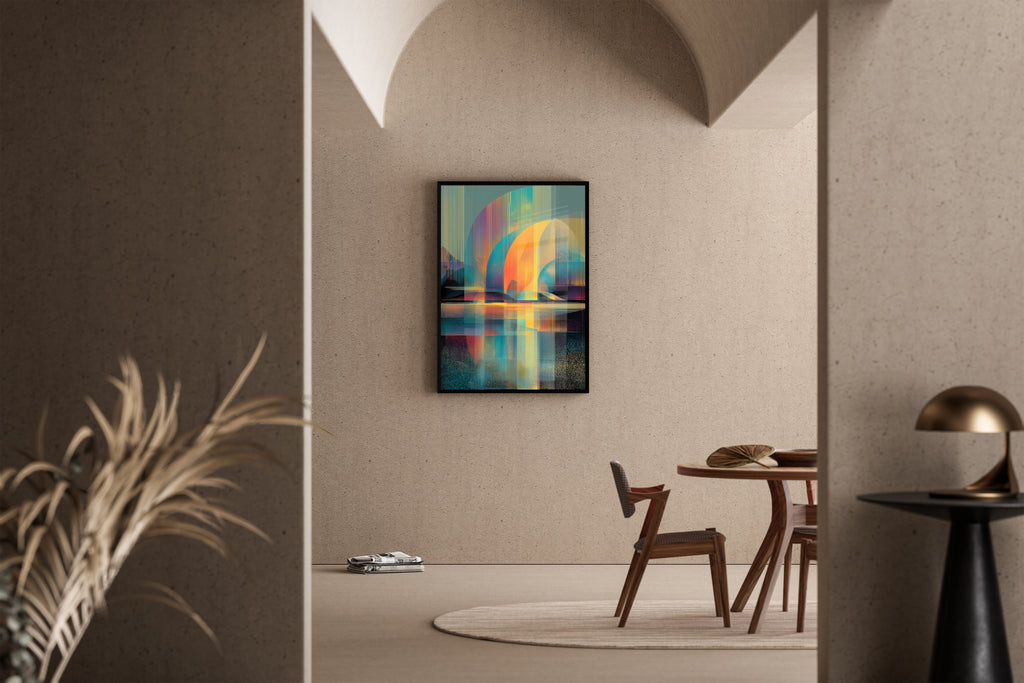 Abstrakte Bögen in Orange und Türkis mit Pixelraster und Spiegelung – Kunstdruck im mediterranen Esszimmer