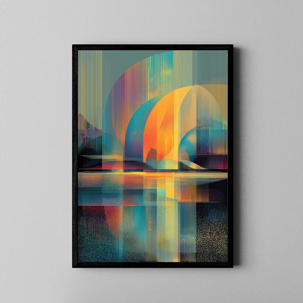 Abstrakte Bögen in Orange und Türkis mit Pixelraster und Spiegelung – Fine Art Poster im schwarzen Rahmen