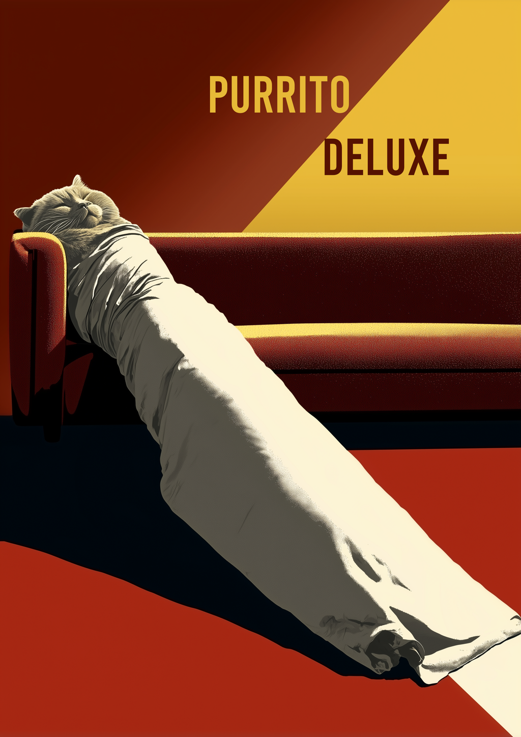 PURRITO DELUXE – in Decke gewickelte Katze auf Sofa im Retro-Poster-Stil – witziger Katzen Kunstdruck