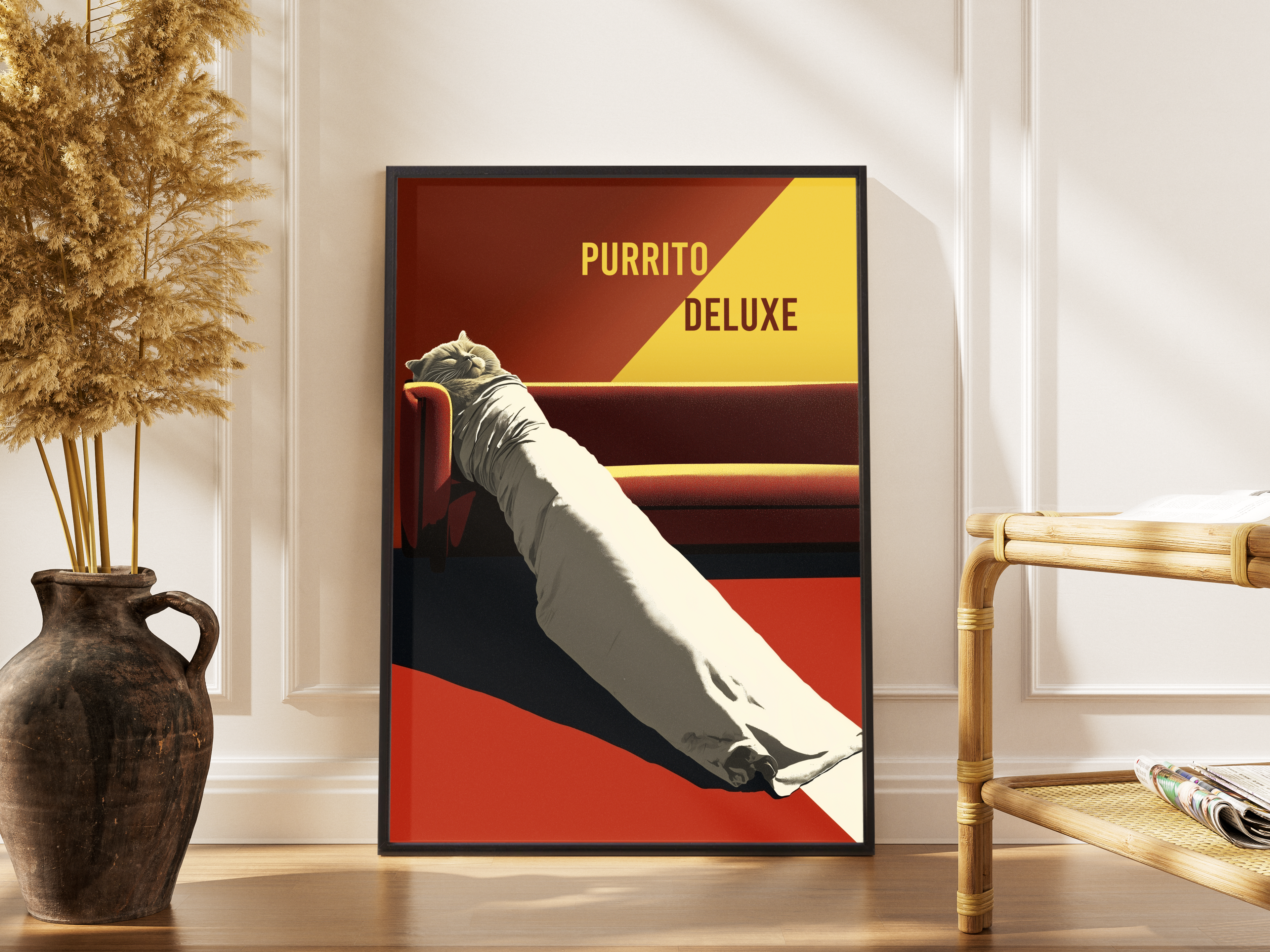 PURRITO DELUXE – in Decke gewickelte Katze auf Sofa im Retro-Poster-Stil – gerahmter Katzen Kunstdruck kaufen